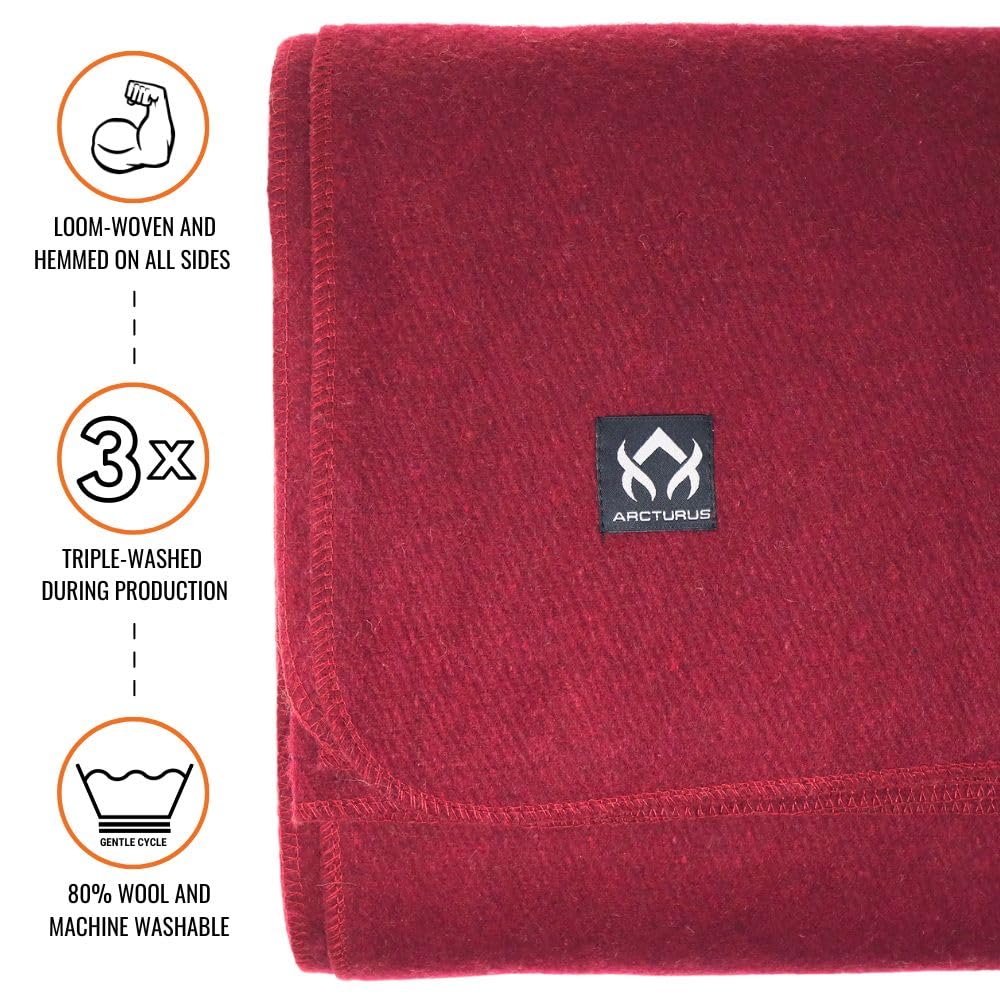 Arcturus Military Wool Blanket - Warm, Thick, Washable - Great for Outdoors, Camping, Stadium Blanket, Picnics, Travel - Car & Bushcraft Survival Kits, Large 64in x 88in 4.5 lb