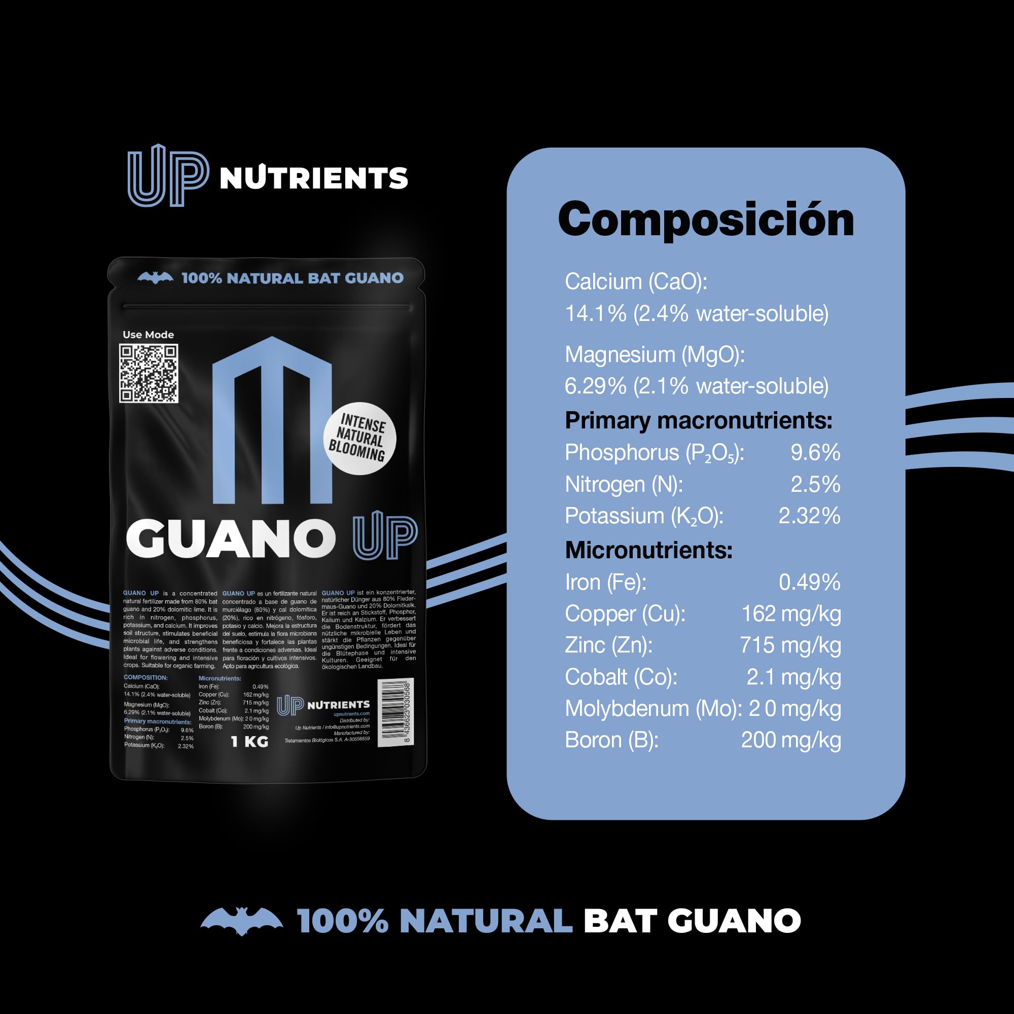 UP NUTRIENTS Fertilizante GUANO UP de Murcielago 100% Natural 1 Kg | Abono Natural con Cal Dolomita | Plantas y Cultivos | Agricultura Ecologica Floracion Intensa, Mejora Sustrato y Crecimiento
