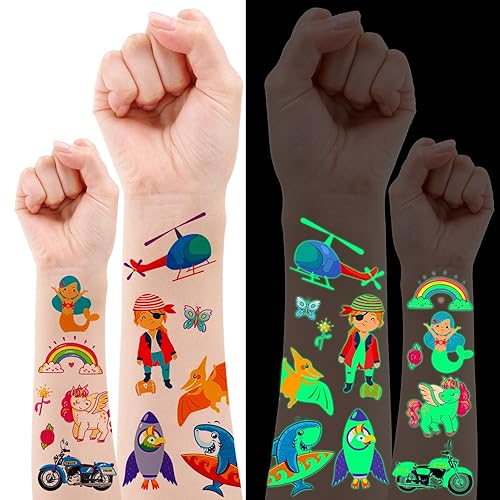 Tatuaje temporal para niños, 16 hojas (240 patrones divertidos) tatuajes temporales brillantes para niños y niñas, calcomanías de tatuajes falsos