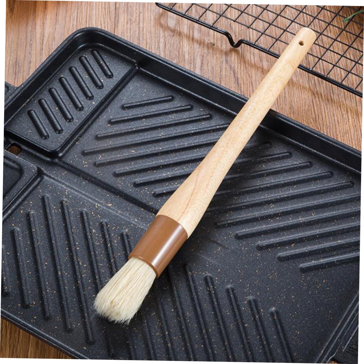 SOLUSTRE Round Long Handle Barbecue Brush Wool Basting Brush for Kitchen Baking Food Grade Utensil with Hanging for Easy Storage for Oil and Sauce Application