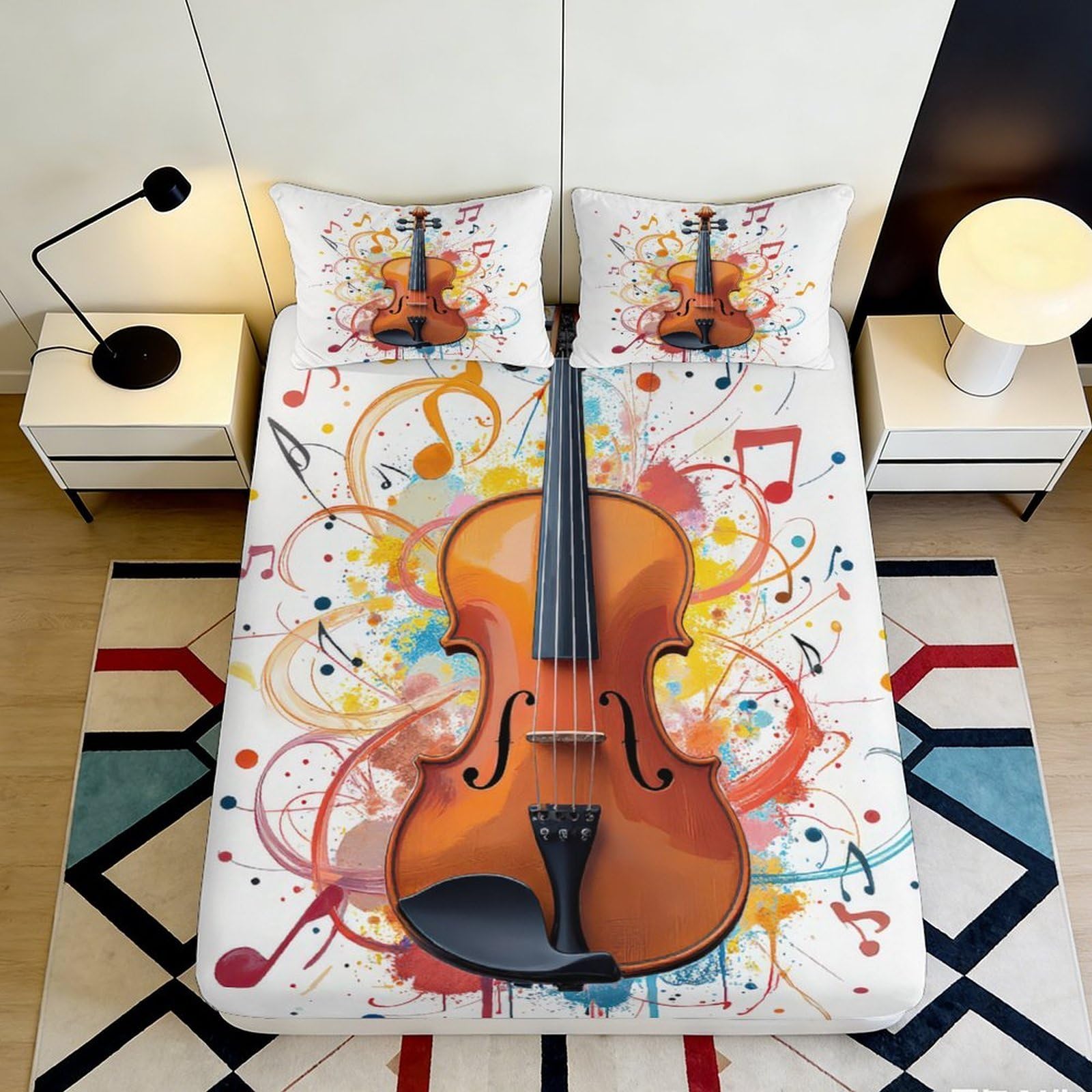 Jqzkxnhpbr Style-6 3D Printed Violin Art Fitted Sheet Microfiber Colorful Music Notes Mattress Cover For Bedroom Dorm Decor 90X200x25cm