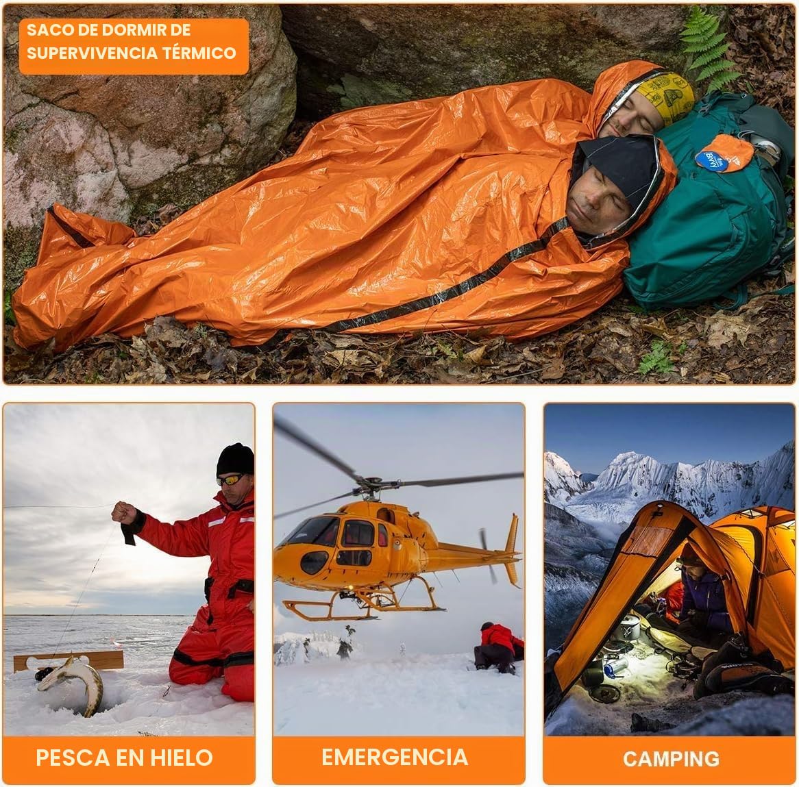 Saco de Dormir Emergencia, Mantas Termica de Aluminio, Saco de Dormir de Supervivencia de Emergencia, Manta de Rescate, Manta de Emergencia Reutilizable, Manta termica Supervivencia (1, Naranja)