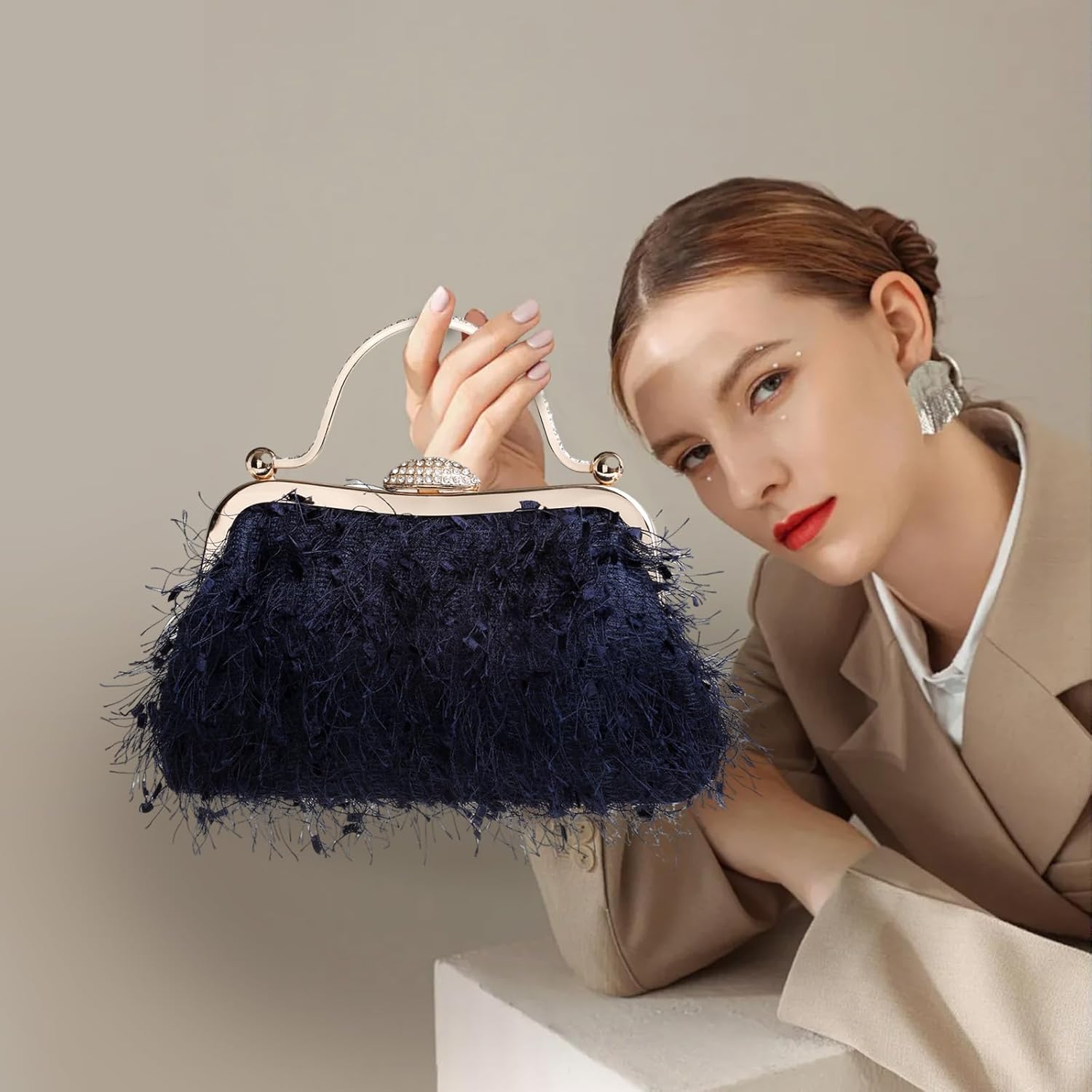 Tassel Women's Evening Handbag Cocktail Prom Formal Clutch Purse Feather Elegant Shoulder Bag for Wedding Banquet - Image 2