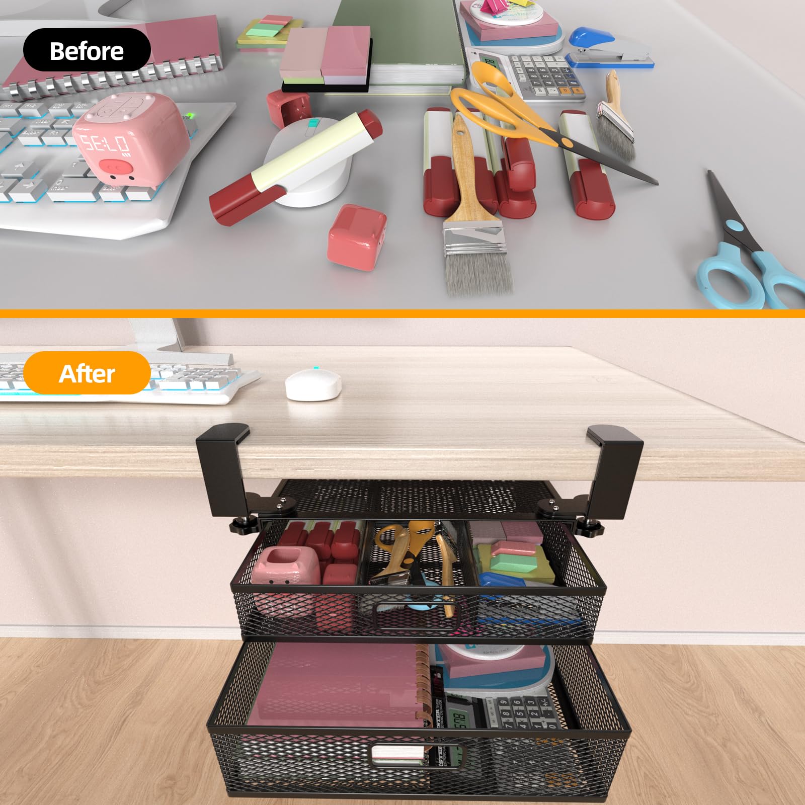 Under Desk Drawer Organizer No Drill Metal Under Desk Storage Drawer Container 2 Slide Out Cabinet Drawer Suitable for Home And Office