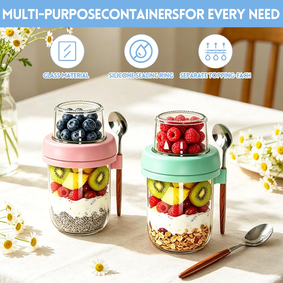 Overnight Oats - Set di 4 bicchieri per cereali, 480 ml + 120 ml, con coperchio, per yogurt e separazione del naso, per cereali, yogurt, insalata, colazione, lavoro, scuola, picnic, set da 4