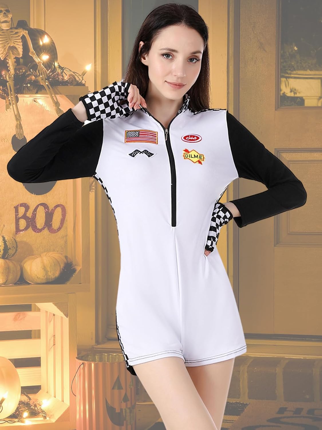 Speed Sexy Race Car Driver Halloween Costume Woman, 6 Pcs Racecar Costume Women Long Sleeves Jumpsuit Outfit - Image 2
