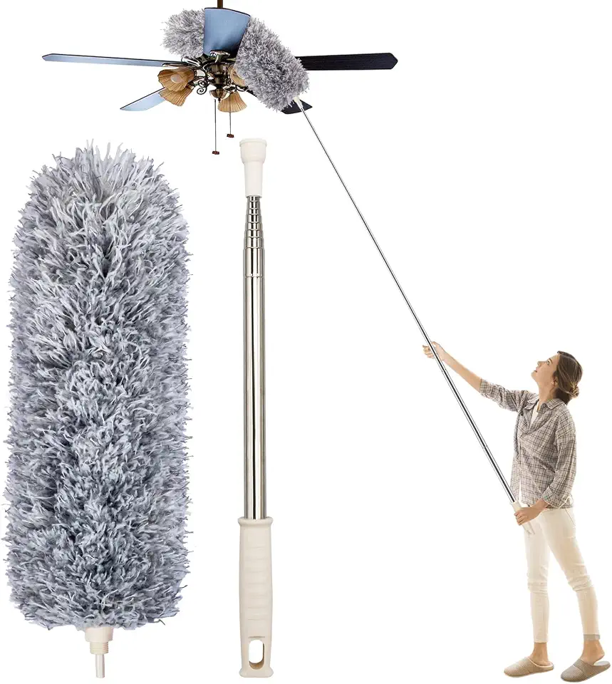 Espanador de Teto Telescópico Extensível Até 2,80 Metros de Microfibra Com Haste de Inox Para Limpeza de Teto, Persianas, Guarda Roupas, Casa, Escritório, Teias de Aranha.
