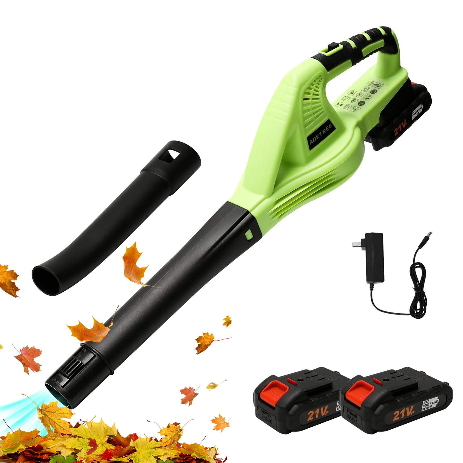 Sopladores de hojas, soplador inalámbrico de 21 V, con batería y cargador, 2 velocidades 3000 W, soplador de batería para limpieza del jardín y remoción de nieve, soplador eléctrico (2 baterías)