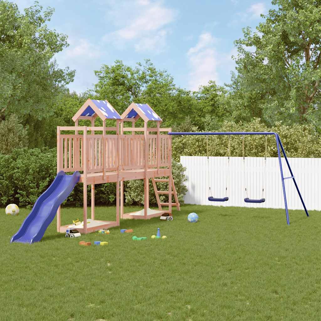 Torre da gioco in legno massiccio Douglasie con piattaforma da 90 cm, scivolo ondulato, doppia altalena, sabbiera e scala, giocattolo da giardino per bambini dai 3 agli 8 anni