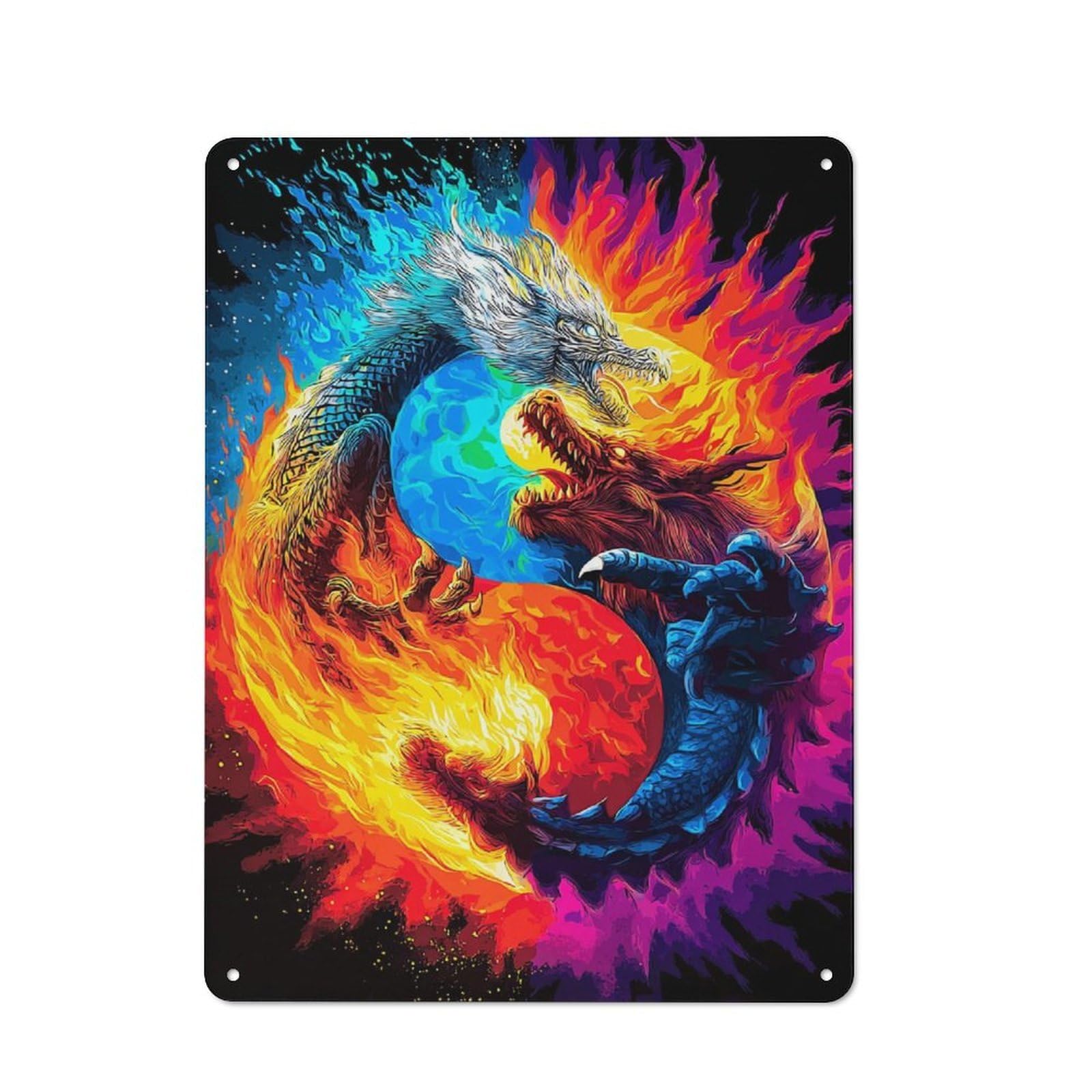 Junmoney Yin Yang Dragons Fire Vs Ice 40X30cm Rustic Metal Plaque With For Café Or Restaurant, For Themed Interiors In Cafés And Restaurants