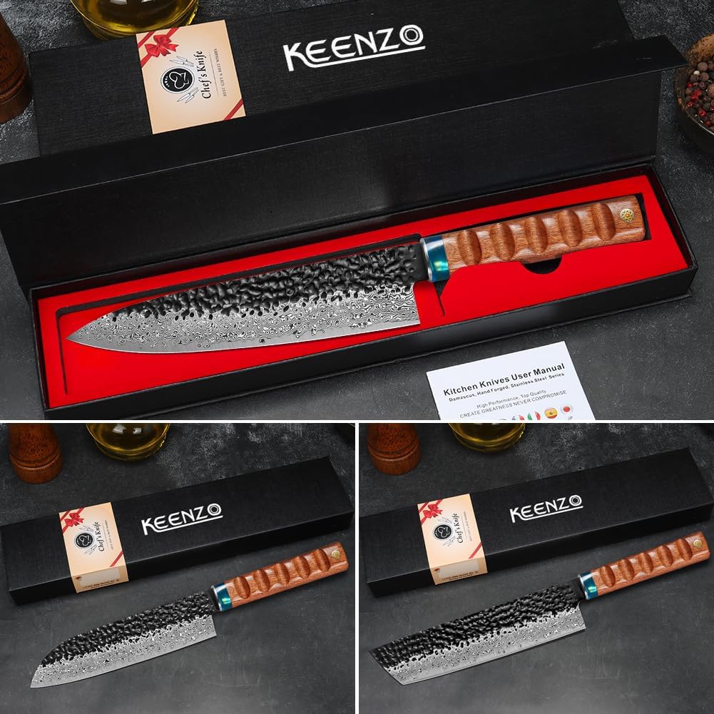 KEENZO Damascus chef Knife 8 inch,Professional kitchen knives set, Sharp Damascus knife,Ergonomic rosewood handle with gift box for Home & Restaurant