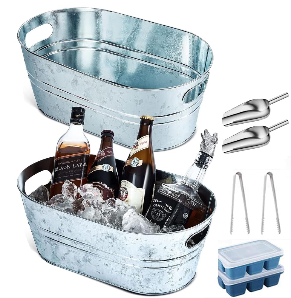 2Pcs Galvanized Beverage Tubs Insulated Drink Tub with2 ice boxes 2 Pcs Ice Scoop and 2 Pcs Stainless Steel Tongs Cold Beer Galvanized Beverage Ice Home Parties, 4 Gallons (Silver, Classic Style)