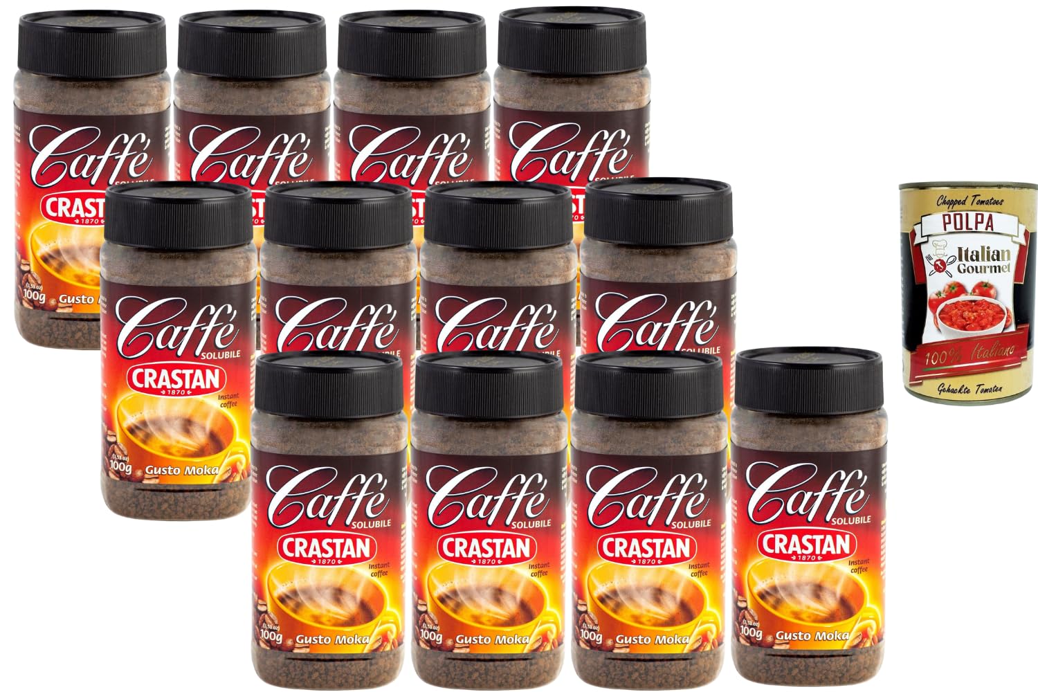 Italian Gourmet Löslicher Kaffee Instantkaffee Geschmack Mokka, intensives Aroma, schnell löslich, Großpackung 12 x 100 g für Latte, Desserts & Reisen + Italian Gourmet Polpa