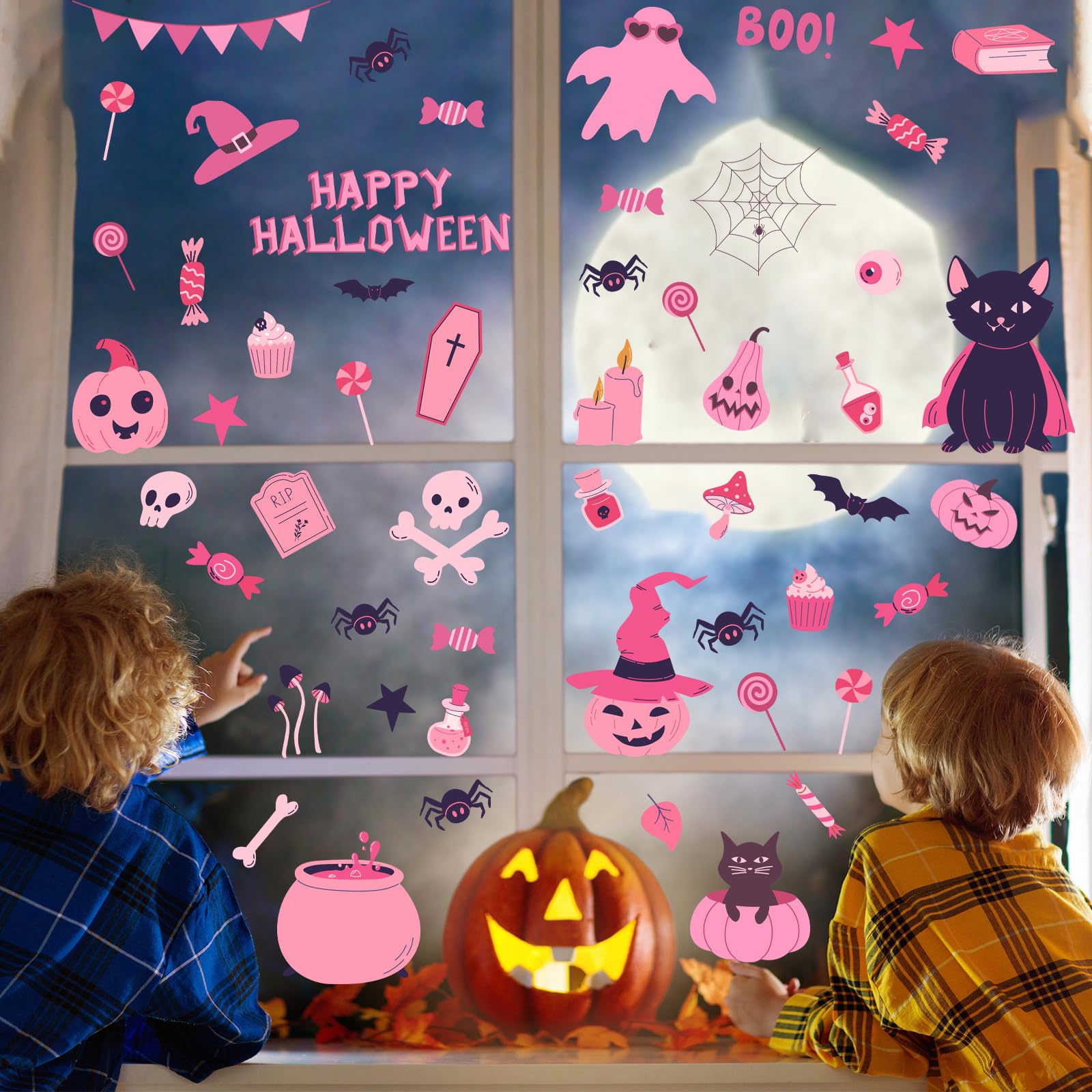 9 Sheets Halloween Window Clings Pink Halloween Window Stickers Pumpkin Bat Window Decals Cute Pink Pumpkin Skull Boo Cat Spider Web Ghost Double-Side Glass Stickers for Halloween Party Home Decor