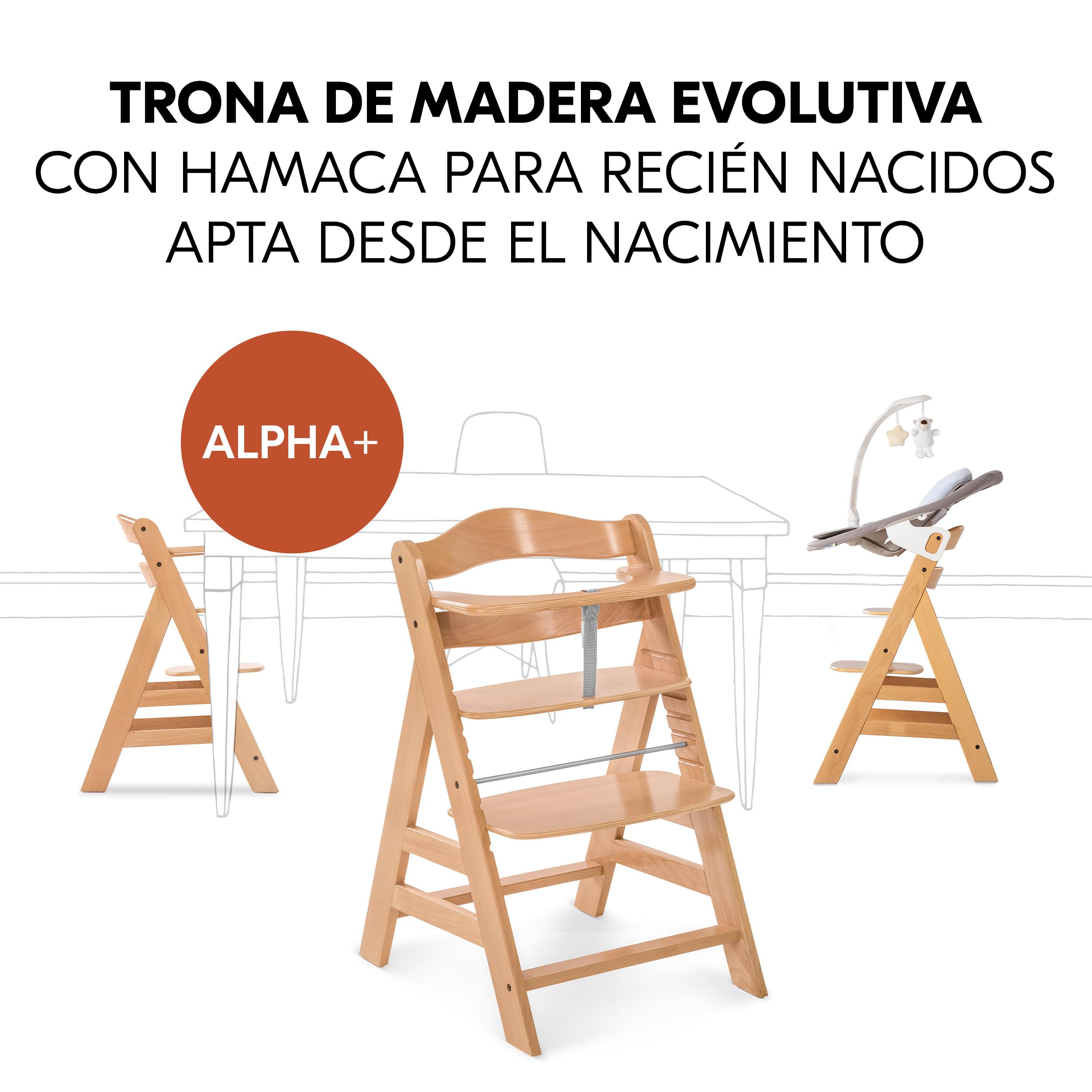 hauck Alpha Plus Newborn Set Deluxe Trona Evolutiva Bebe con Hamaca, Cojín y Arnés - Hamaca Alta Reclinable desde el Nacimiento - Silla Madera Niño Regulable - Tronas Infantiles de Madera - Natural