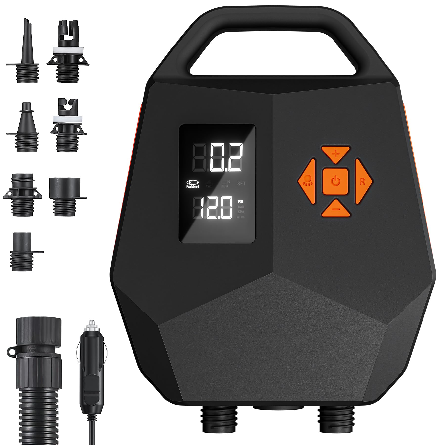 Pompe électrique SUP 20 PSI – Pompe à air double moteur avec arrêt automatique, adaptateur de voiture 12 V pour planches gonflables, kayaks, bateaux – Gonflage silencieux et rapide