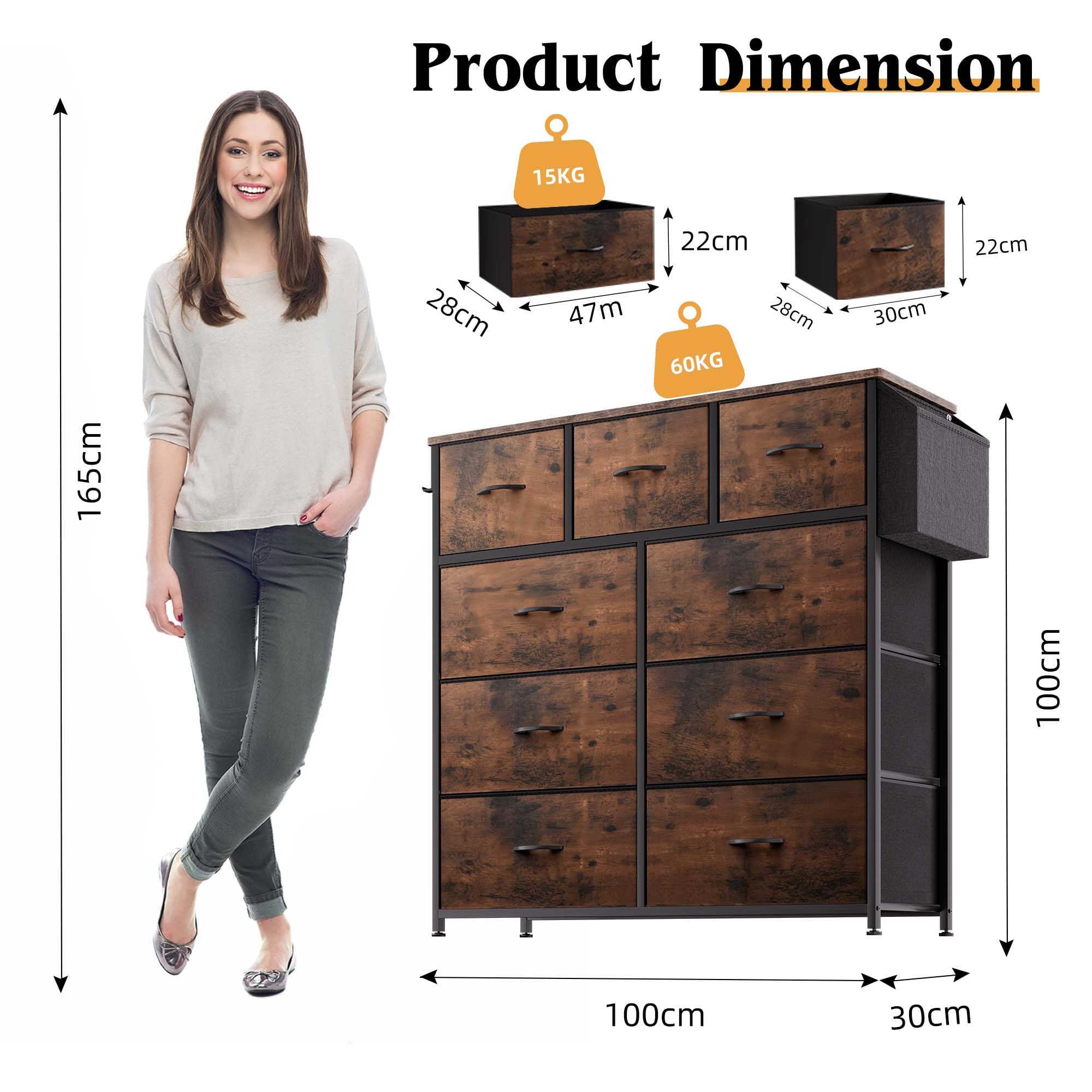 Cajonera de Tela - Cómoda Organizador de Lona con 9 Cajones Grandes, Tarjetas de Etiqueta, Bolsillo Lateral y Gancho, para Sala de Estar, Pasillo, Dormitorio