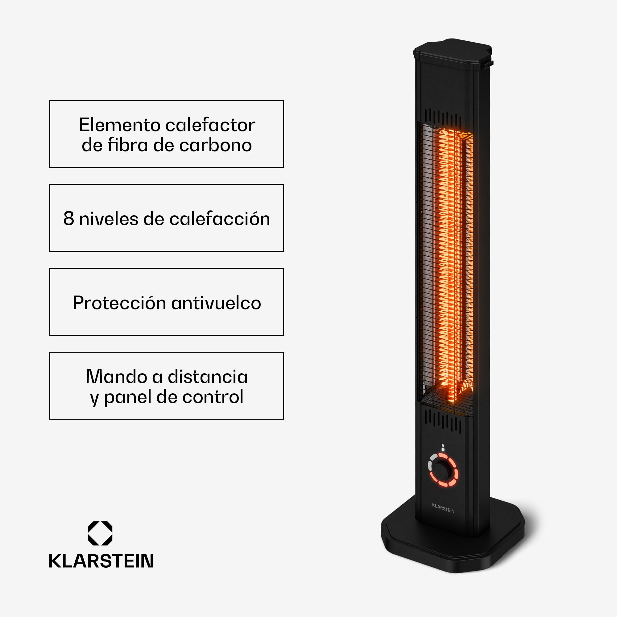 Klarstein Calefactor Infrarrojo 2000W – 8 Niveles, Independiente o de Pared, IP65 Exterior, Control Remoto, Temporizador, Protección Antivuelco, Estufa Infrarroja Patio 15 m²