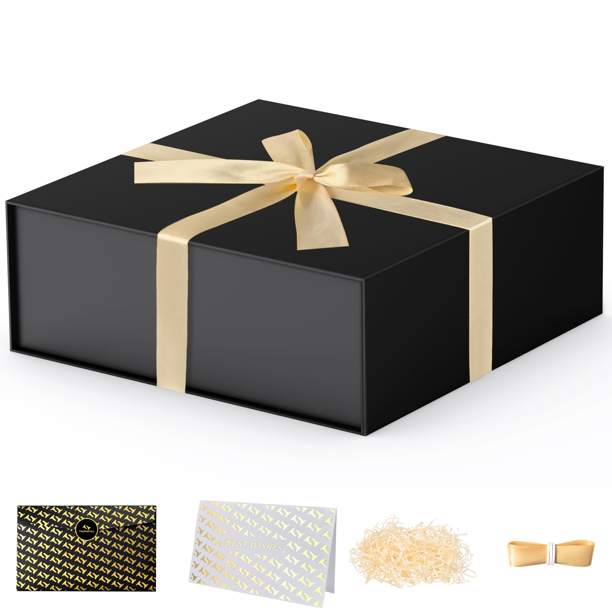 TILSWALL Gift Box 7.5''x7.2''x2.8'' Black Gift Boxes with Magnetic Lids for Presents, Rectangle Collapsible Luxury Gift Box for Proposal, Wedding, Christmas, Birthday, Contains Card, Ribbon, Filler