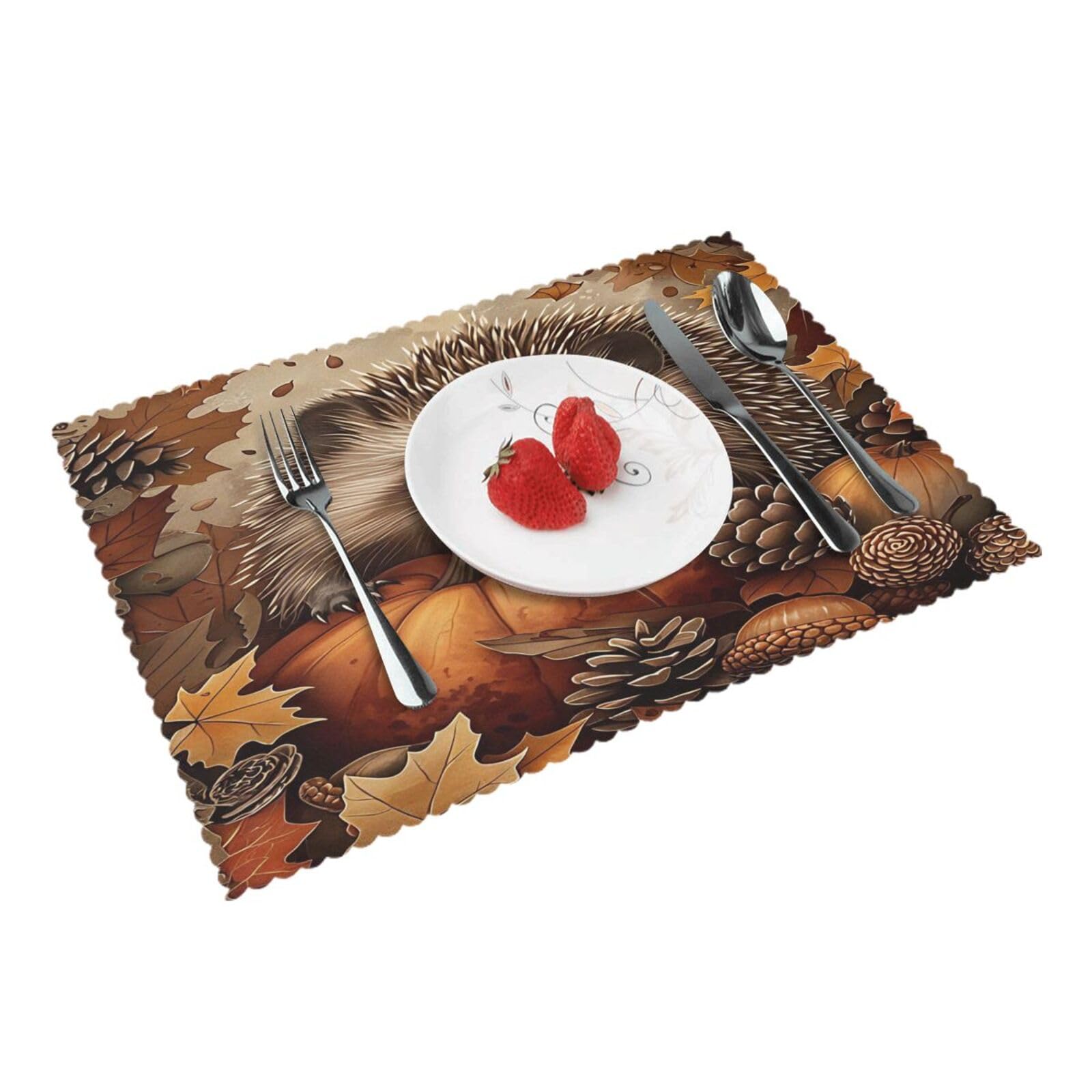 Autumn Hedgehog Pumpkin Leaves Placemats Set of 4 Print Table Mats Place Mats Table Decor for Kitchen Dining 12X18 in