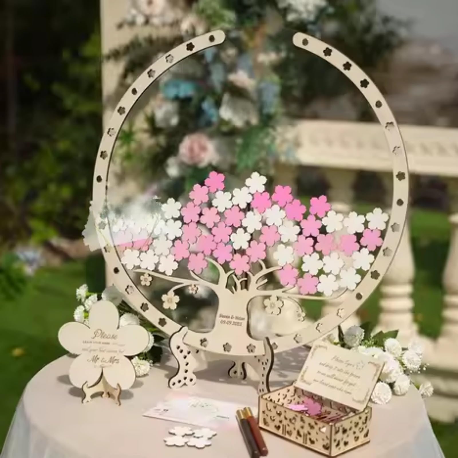 Hochzeitsgästebuch-Alternative, Holzbaum-Gästebuch, Rezeption, Schreibtisch, alternative Hochzeitsbox, personalisiertes Hochzeitsschild für Geburtstage, Jubiläen (25 x 25 cm Blätter)