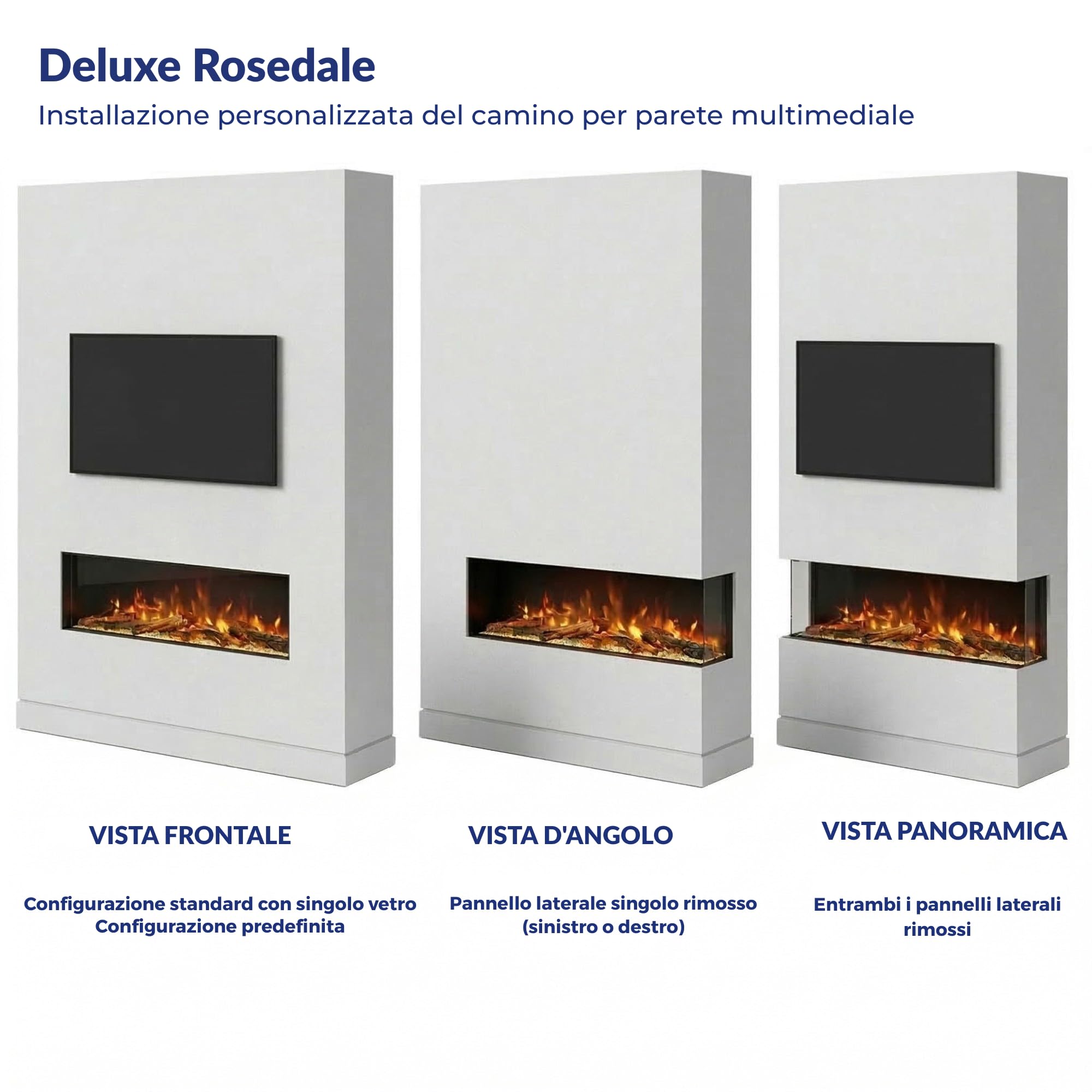 Endeavour Fires Deluxe Rosedale Camino Elettrico 3 Lati per Parete Multimediale, App Wi-Fi Smart e Telecomando, Crepitio del Fuoco, Specchio Nero Riflettente, Set di Ceppi LED, Potenza 1.5 kW (60'')
