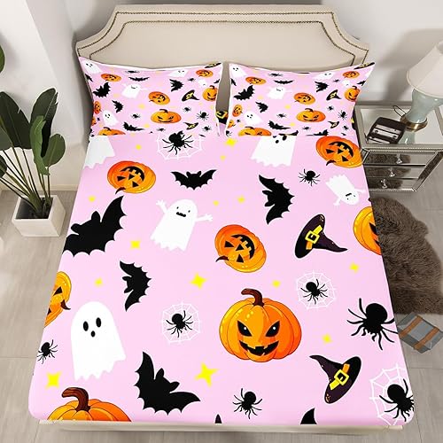 Miniatura 8 de Manfei Sábana bajera ajustable de Halloween, tamaño individual, fantasmas, calabaza, farol, murciélago, araña, juego de ropa de cama de 2 piezas