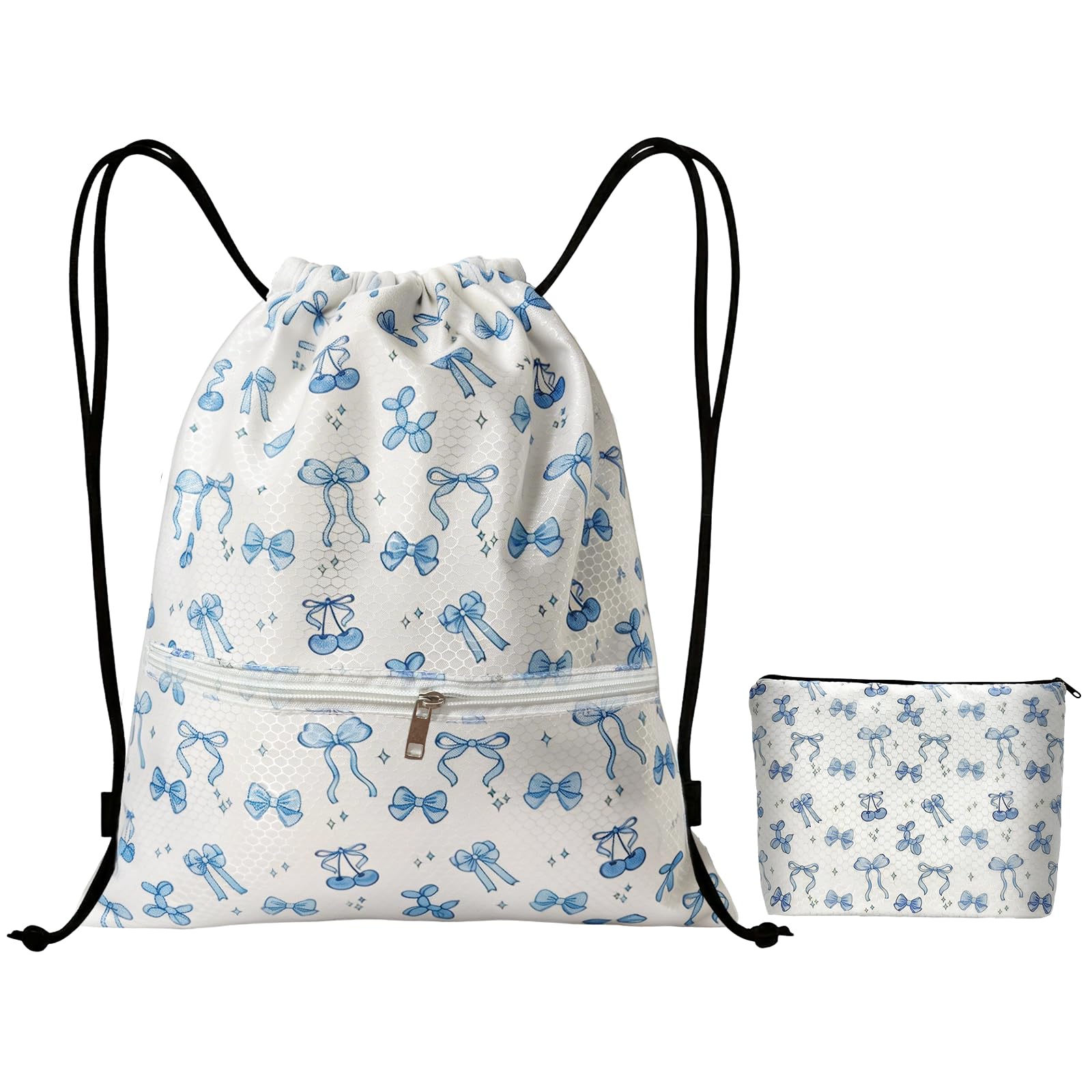 nnOuOnn Bow Waterproof Drawstring Swimming Bag for Kids, Cute Bows Large Capacity Drawstring Combination Backpack Swim Gym PE Bag with Zipper for Women Girls School Travel (Blue) — image 1