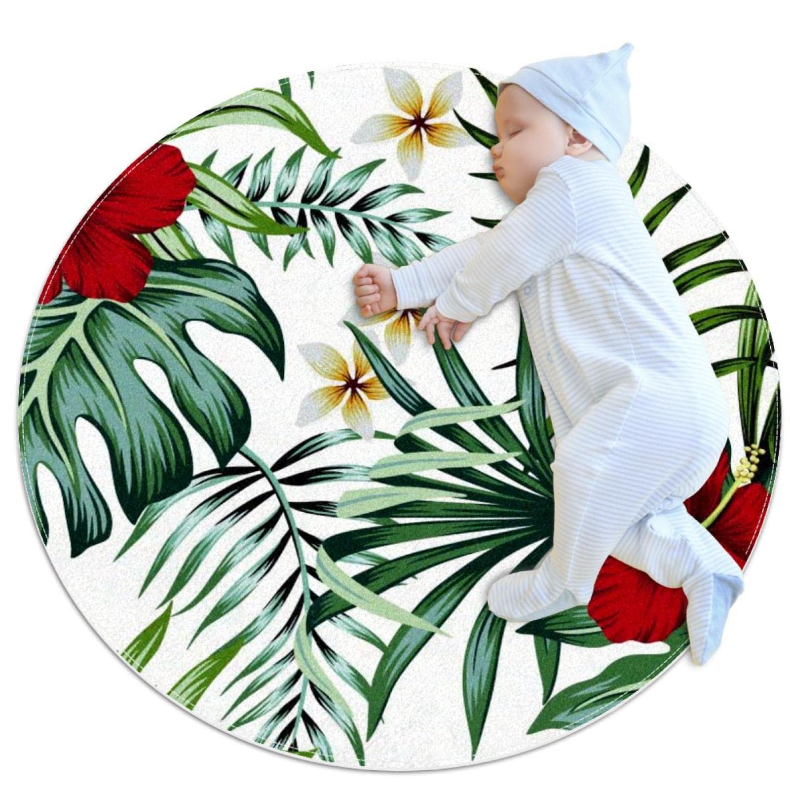 Tapis rond fleurs d'hibiscus 100cm revêtement de sol chambre et salon