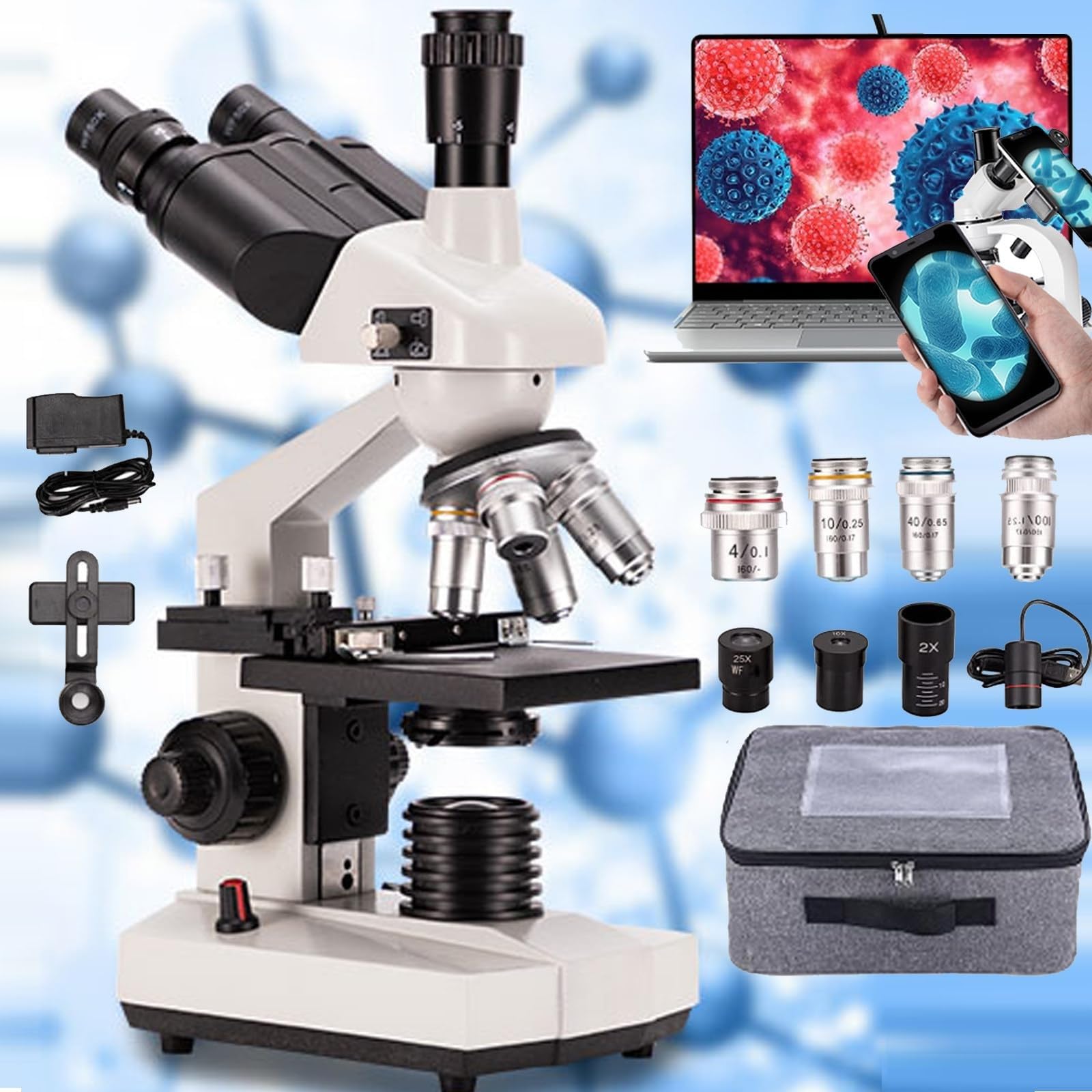 Mikroskop dla dorosłych dzieci, 40x-5000x mikroskop laboratoryjny trójokularowy klasy badawczej, regulacja światła LED, do laboratorium (White)