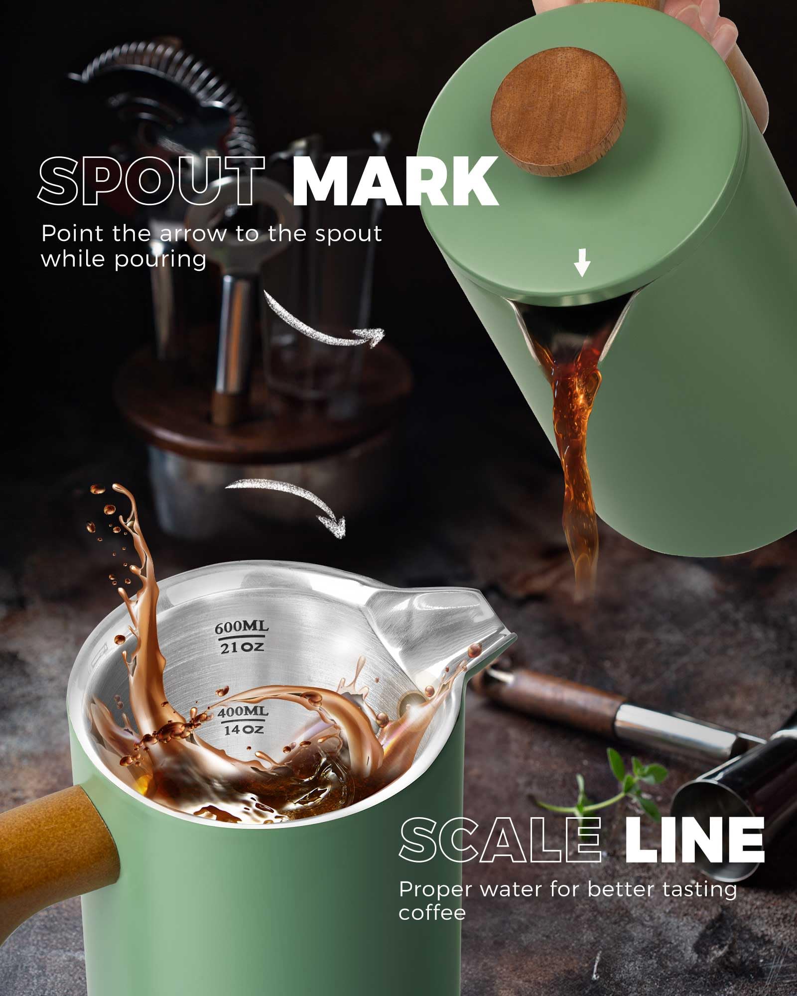POLIVIAR - Cafetera de acero inoxidable 304 de doble pared de 600 ml, émbolo de café aislado con mango de madera real, filtro de 4 etapas para café molido y té de hojas sueltas