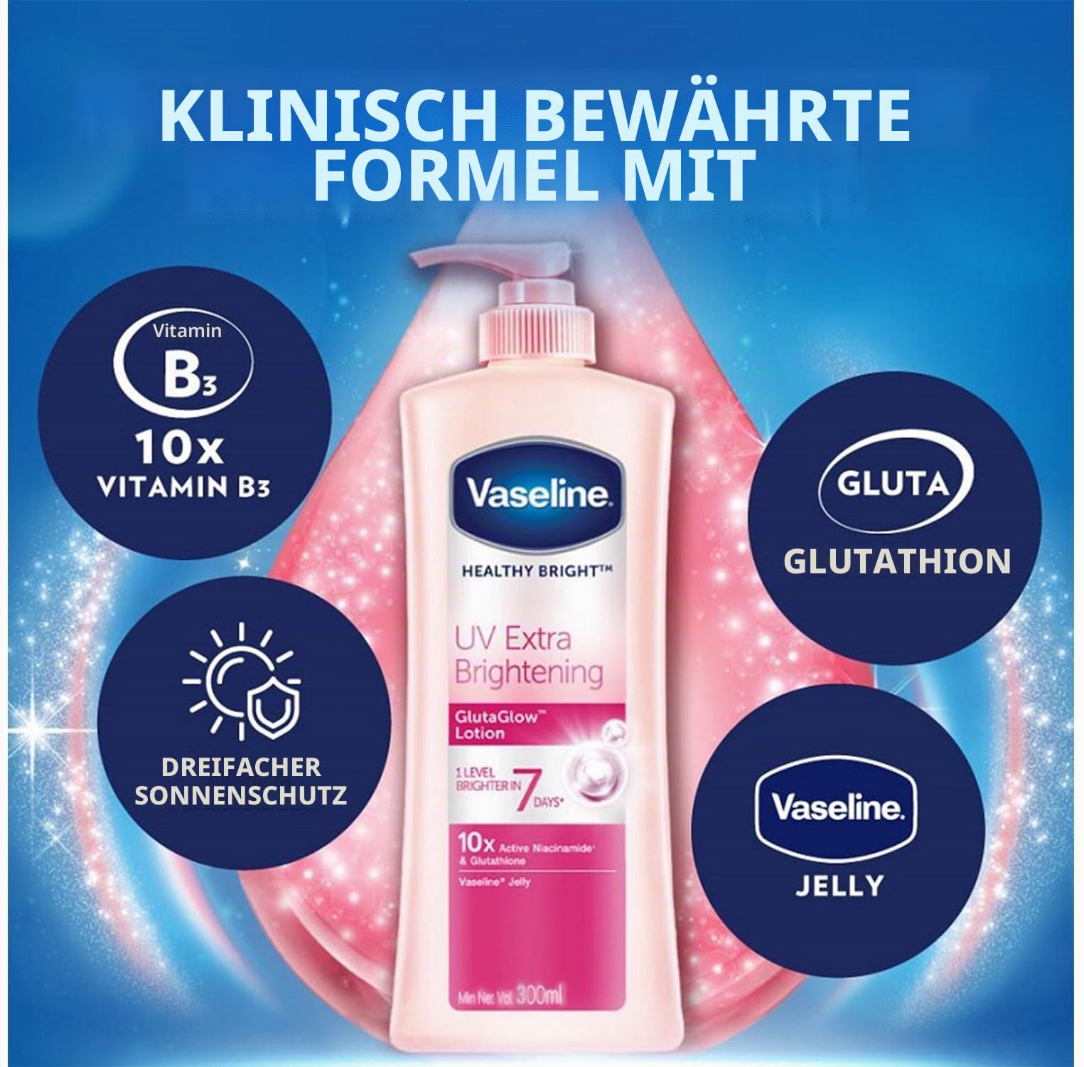 Vaseline Gesunde Hell UV Extra Aufhellende Gluta Glow Körperlotion, Größe 300 ml
