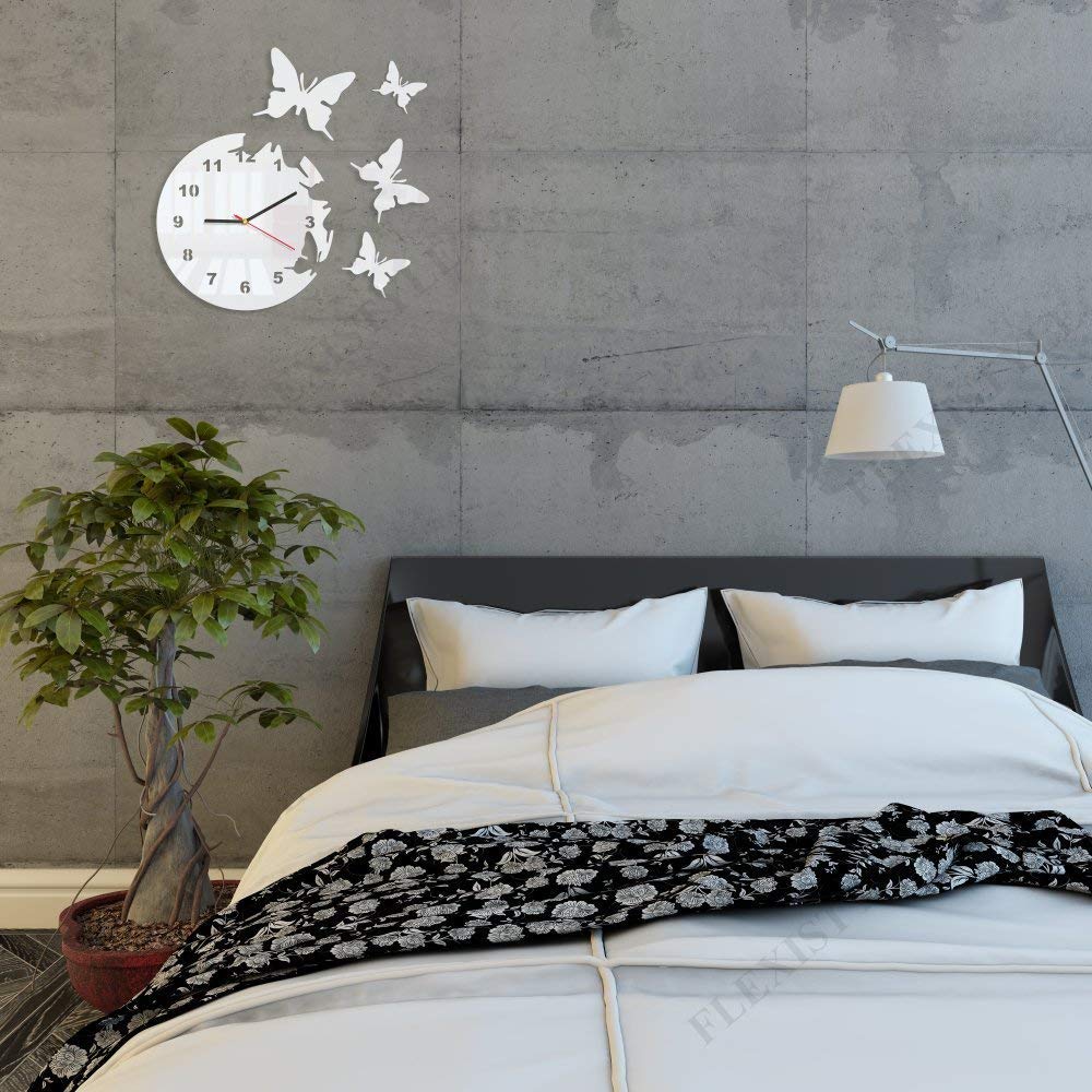 FLEXISTYLE Reloj de Pared Redondo Mariposas Blanco 30 cm habitacion de Salon Estilo Moderno 3D silencioso