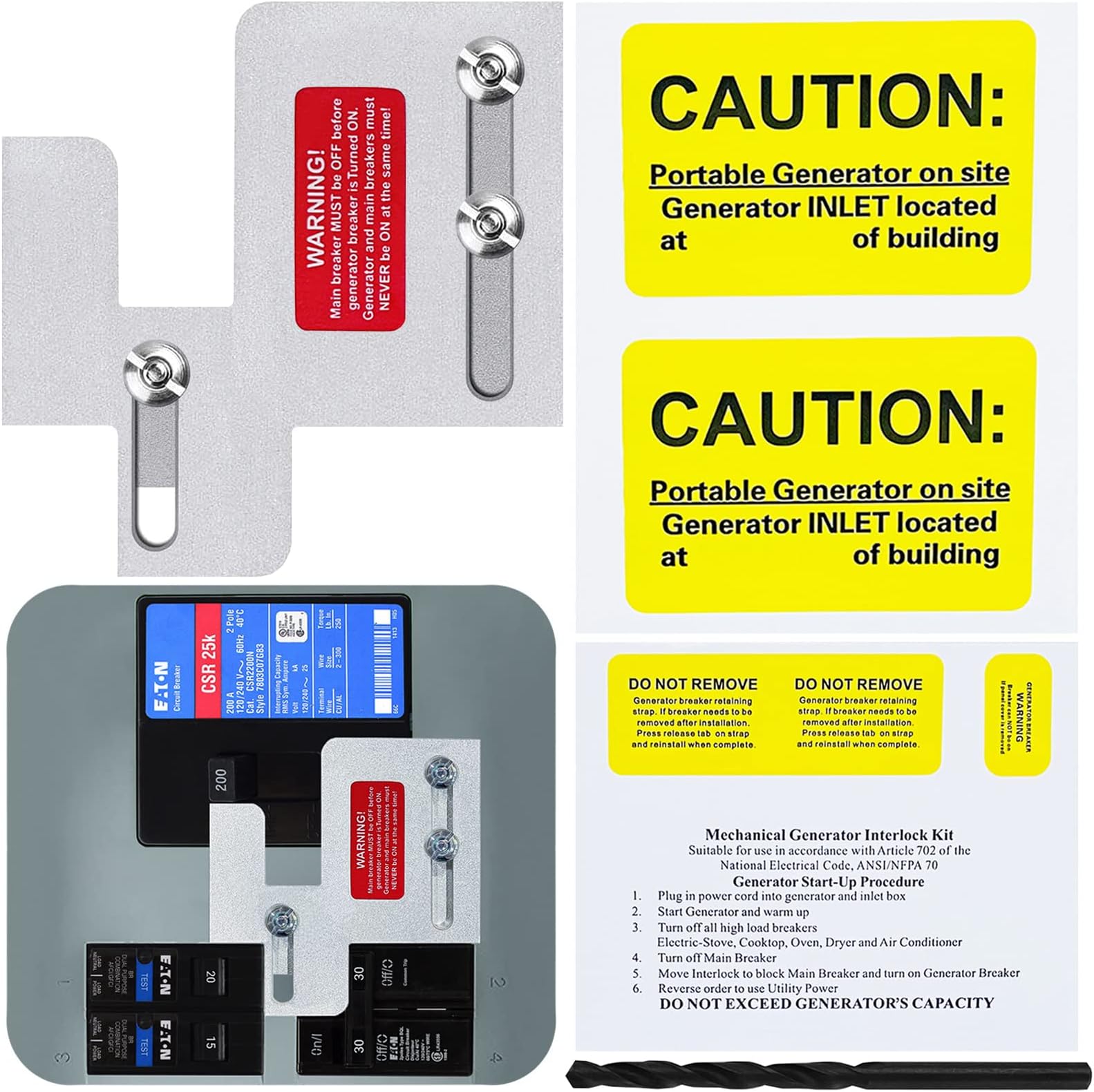 Generator Interlock Kit Compatible with Cutler Hammer BR Series 150 and 200 amp Panels, Generator Horizontal Electrical Interlock Kit, 1 1/4-1 7/16 inches Spacing Between Main and Branch Breaker