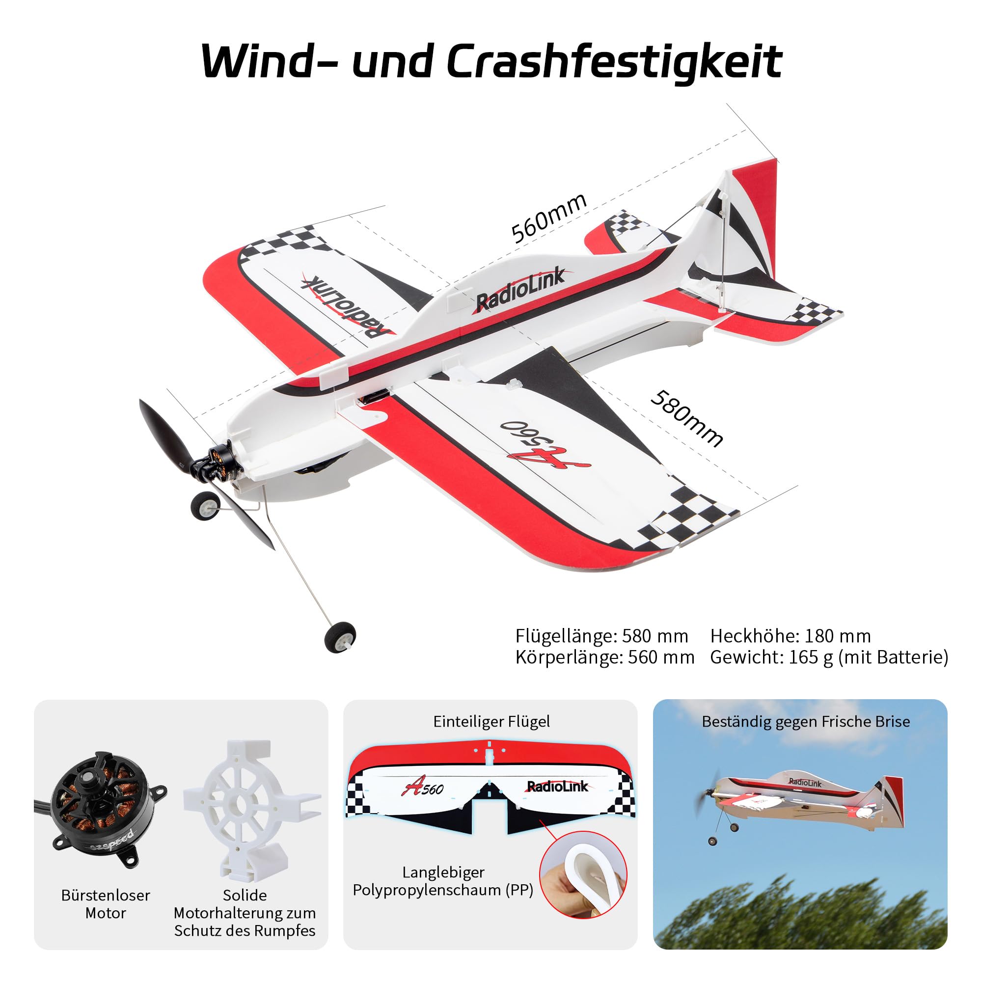 Radiolink A560 RC Flugzeug 3D Kunstflugzeug Bereit zu fliegen (RTF) 4 Kanäle mit Byme-A Gyro Flugregler, T8S Fernseteuerung, R8FM Empfänger Brushless Motor Freundlich für Anfänger & Fortgeschrittener
