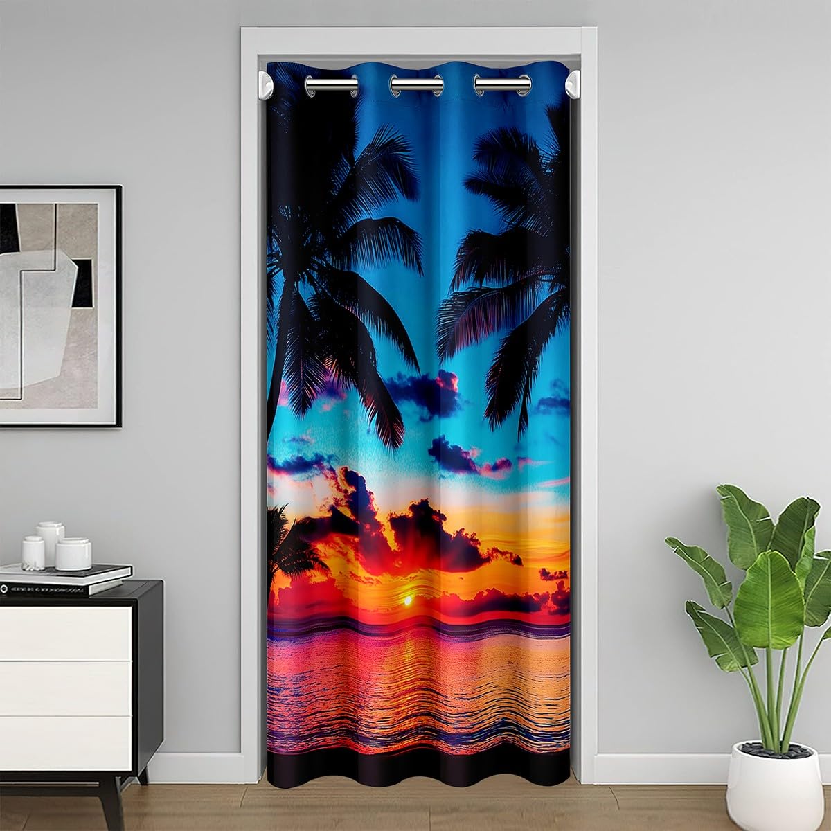 Ocean Sunset Doorway Curtain Privacy Mat Hawaiian Palm Tree Door Cover Curtain Soft Door Curtain Soft Cozy Insulated Thermal Curtains for Bedroom Home