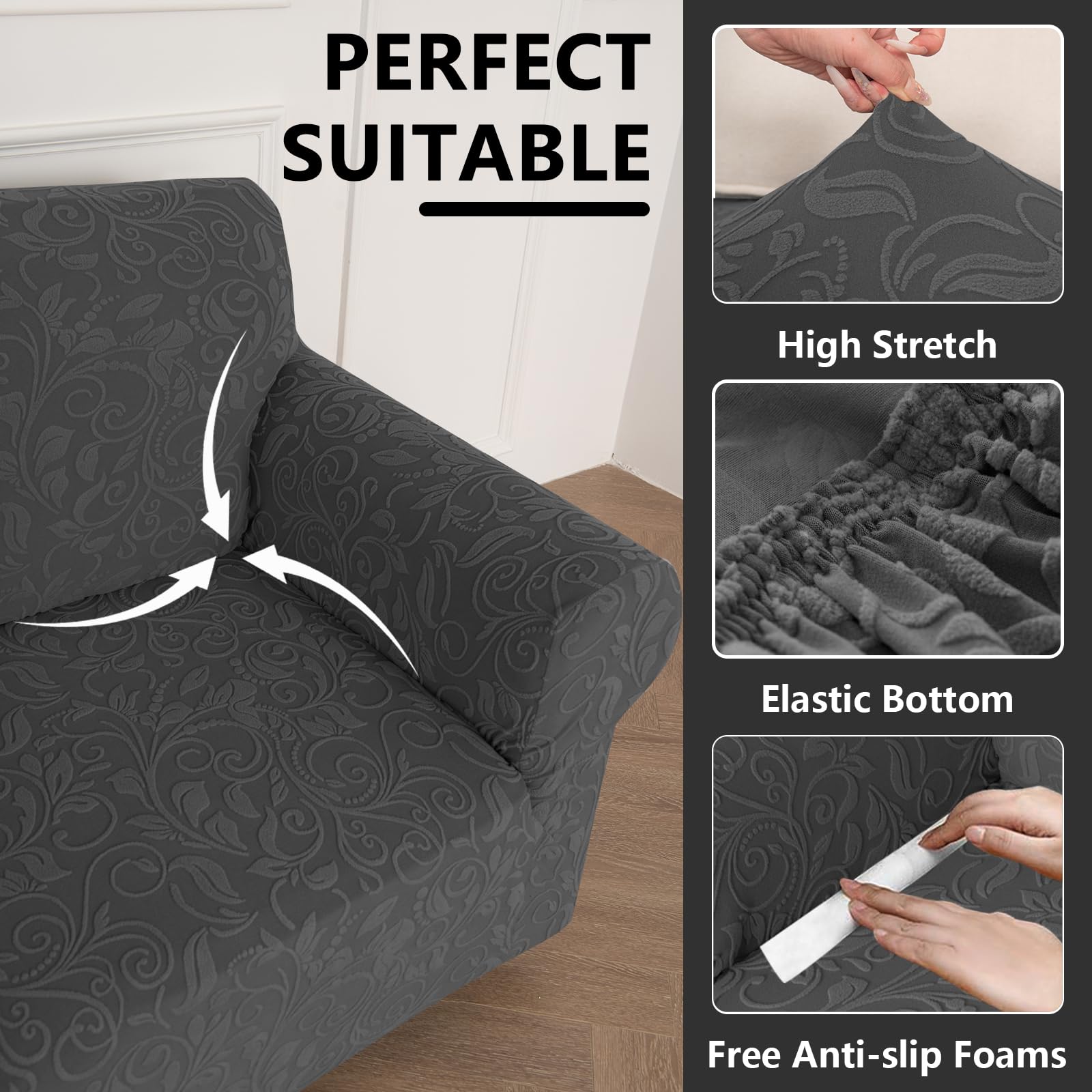Copridivani a forma di L, per divano a 5 e 7 posti, rivestimento in jacquard elasticizzato per poltrona reclinabile, forma L, 5 e 7 posti, divano ad angolo, grigio scuro, 3 pezzi