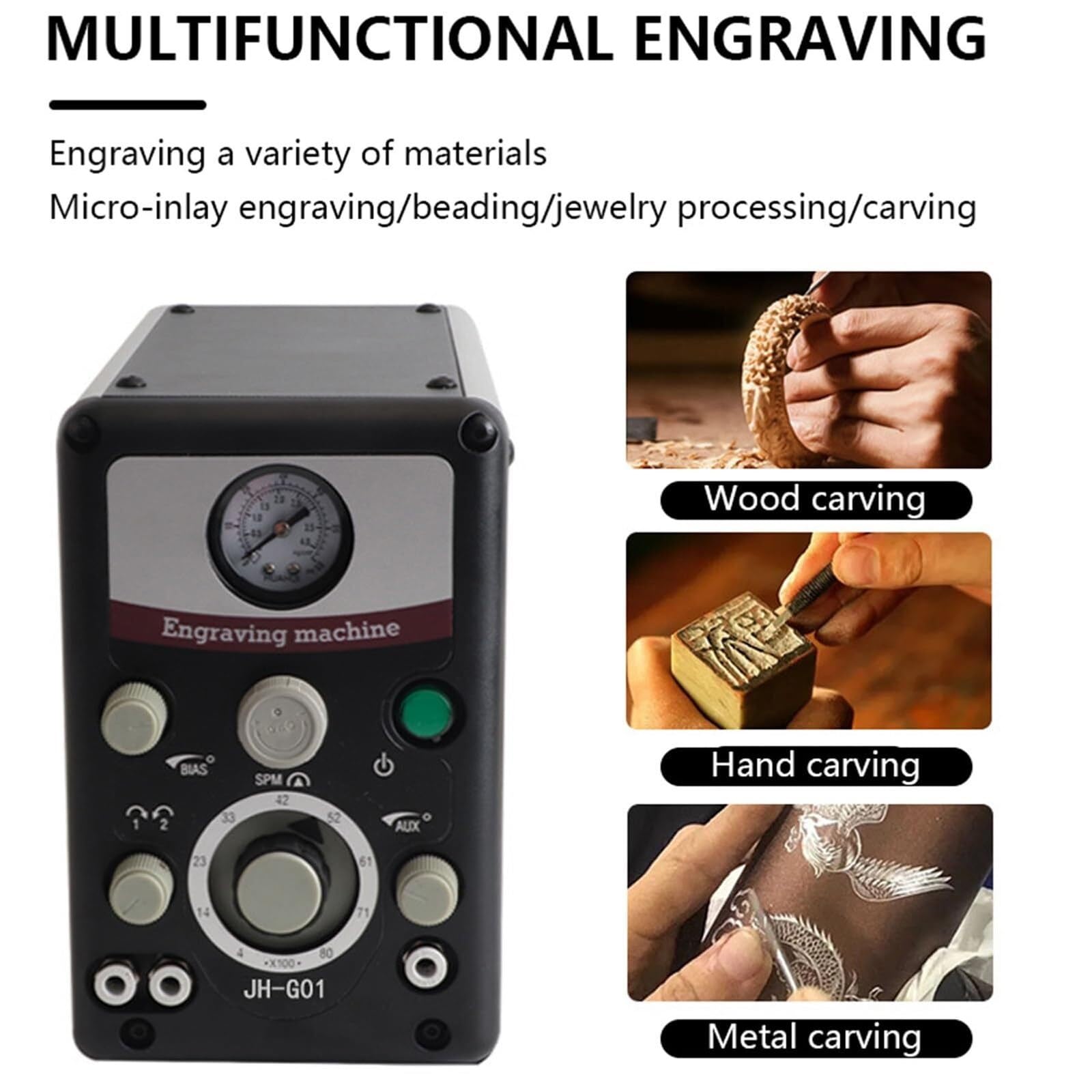 Máquina de grabado neumática para joyería, grabador de impacto de doble cabezal de 400-8000 RPM con filtro y pedales, barómetro de 0-60 PSI, grabador neumático para metal, plástico, madera
