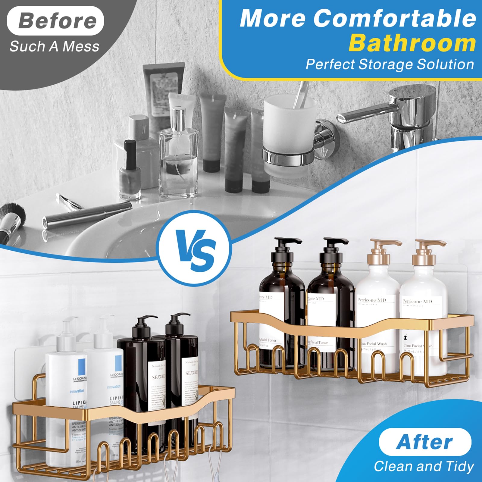 EUDELE Organizador de ducha, 2 unidades, organizador adhesivo para almacenamiento de baño, decoración del hogar y cocina, sin taladrar, estante de acero inoxidable inoxidable, juegos de decoración de