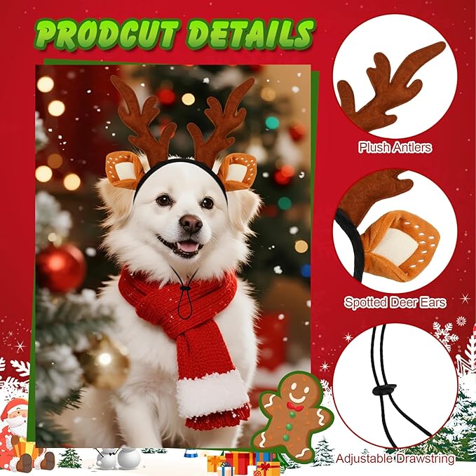 QKURT 2 PCS Gorro de Reno con Antenas y Sombrero de Santa para Perro miniatura 5