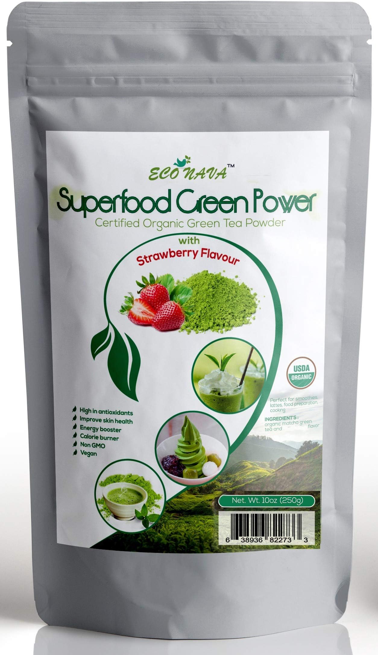 Strawberry Matcha Green Tea Powder - ECO NAVA - Certified USDA Organic - GMO Free - 100% Natural - Premium Grade Matcha Tea Powder for Making Cake, Smoothie, Latte & Baking - 250g / 9oz Bag