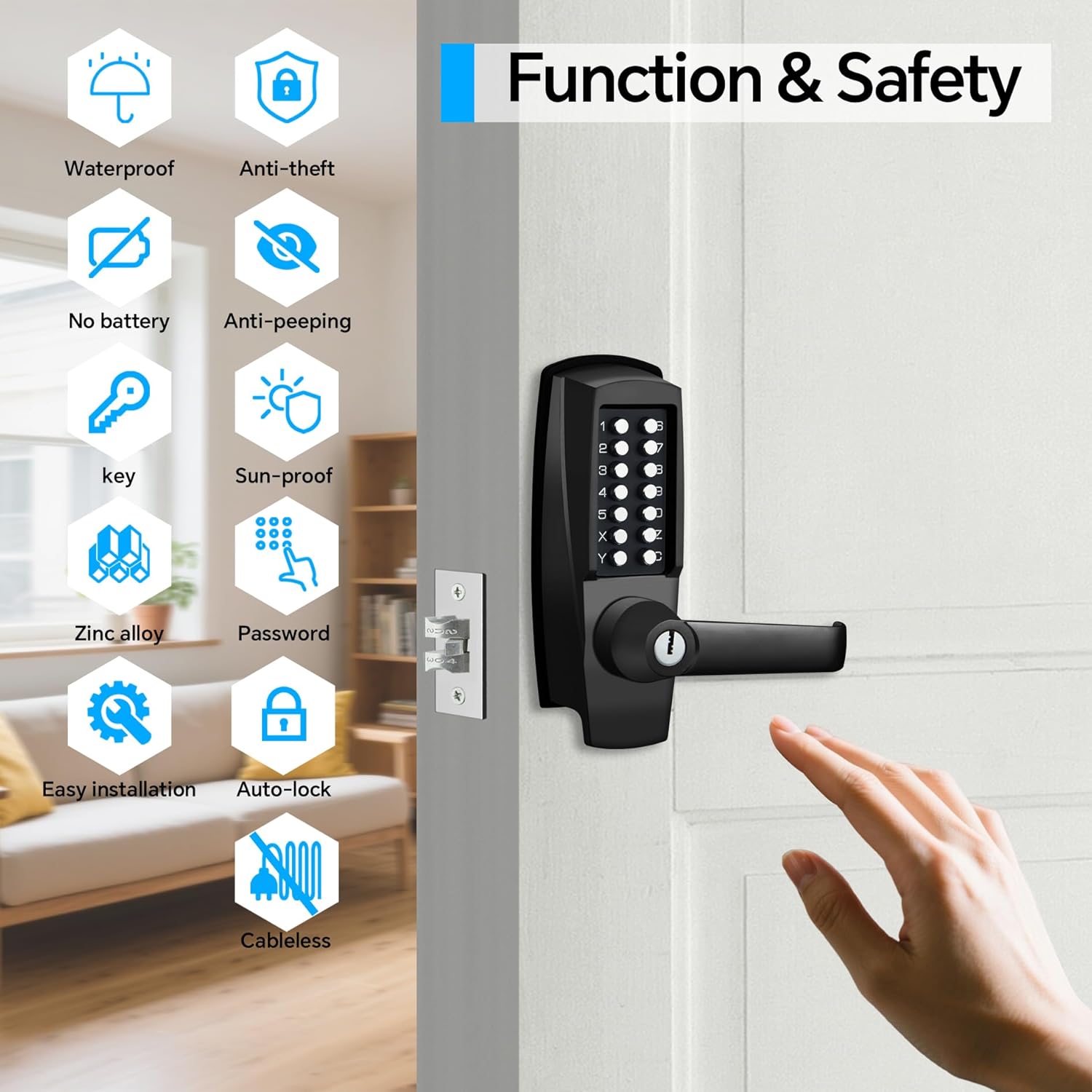 Mechanical Entry Door Lock, Weatherproof Keypad Deadbolt with Handle, Security Heavy Duty Lock Without Electronic, Easy Installation, for Home, Yard-gate, Office, Indoor or Outdoor (Black, HD)