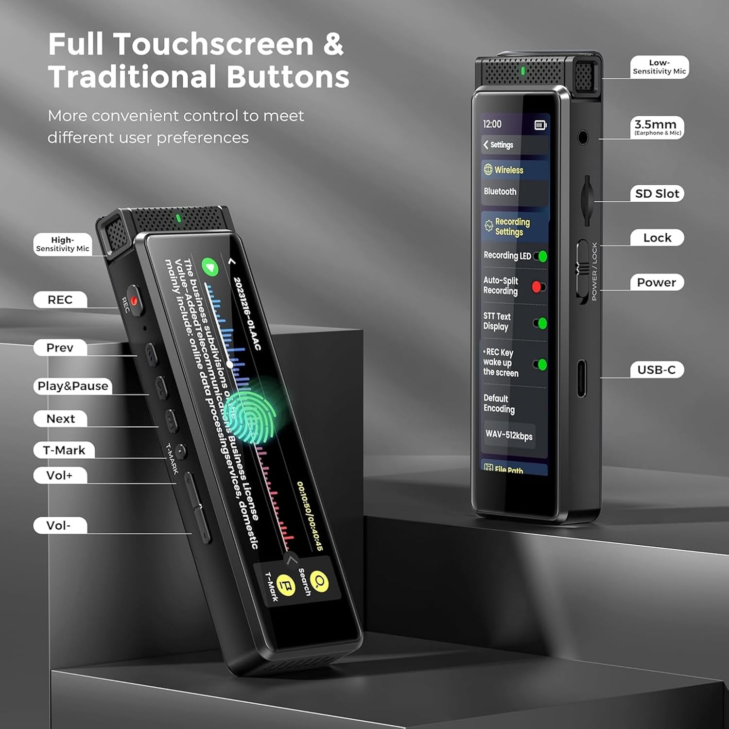 8GB Digital Voice Recorder with Playback, Innioasis R1 Full Touchscreen Voice Recorder with Bluetooth, Voice Activated Sound Audio Recorder Device with Mic Black