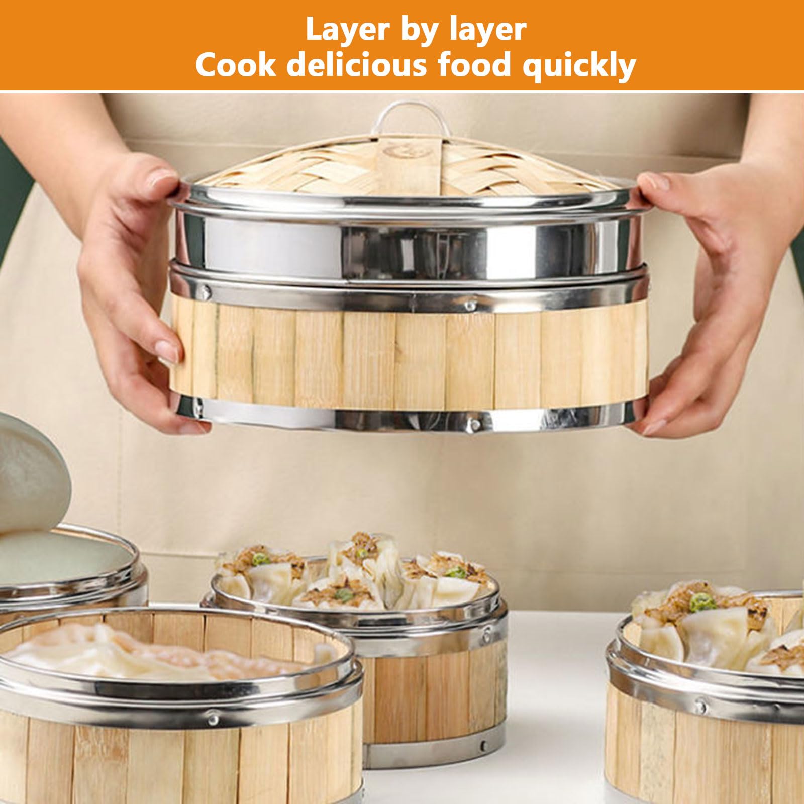 AIZYR Vaporera China De 3 Niveles Vaporera De Bambú con Tapa Cesta Vaporera De Bambú Reutilizable para Cocinar Arroz, Dim Sum, Pescado, Carne,7 Inch