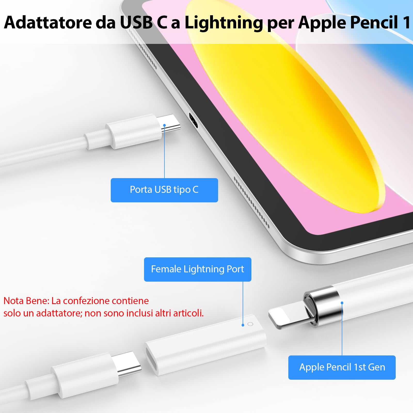 Adattatore USB-C per Apple Pencil 1 Generazione, Supporta Bluetooth per iPad 10 2022 e iPad 11 2025, Caricatore USB C, Bianco
