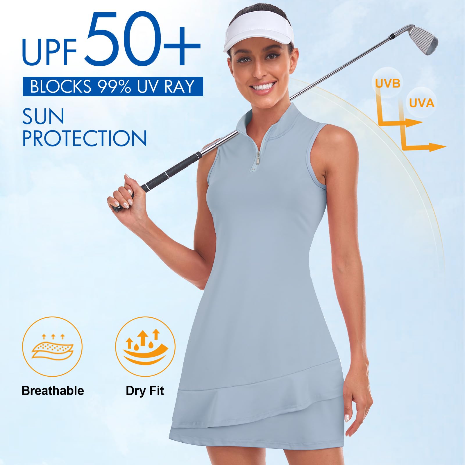 Viracy Vestido de Tenis para Mujer, sin Mangas, con Pantalones Cortos y Bolsillos, Volantes, Cremallera, Cuello Alto, Trajes de Golf, Azul neblina Liso, M