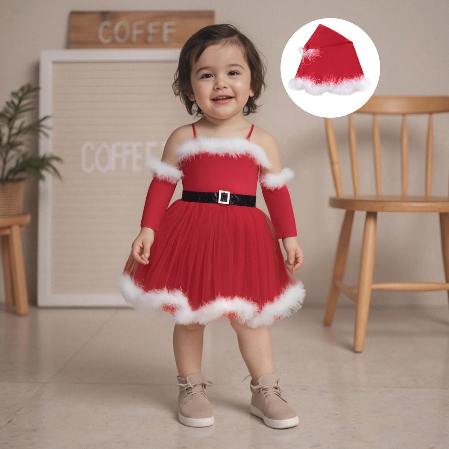 Christmas Toddler Girl Dress Sleeveless Santa One-Piece Dresses Arm Sleeves Hat Set Kids Girls Christmas Outfit - Image 2