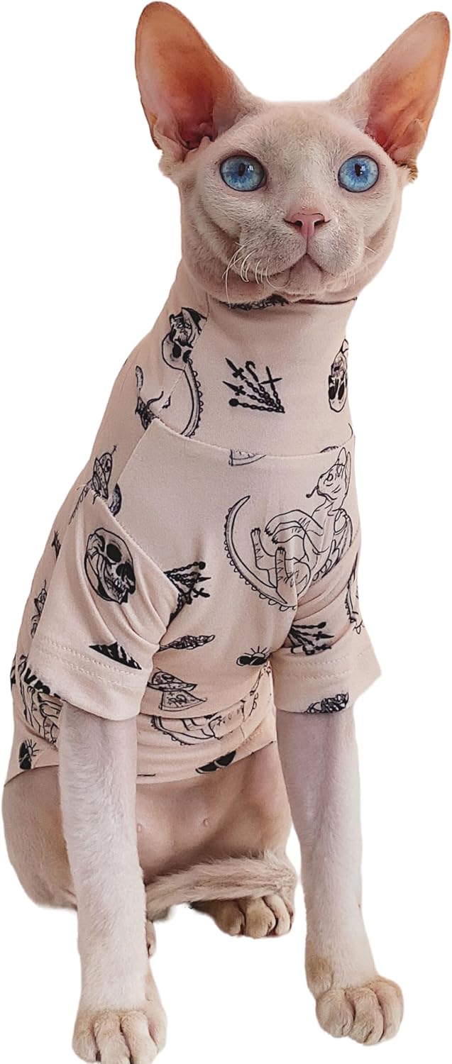 Sphynx Cat Clothes, Tattoo Pattern Print Turtleneck Shirt for Devon Rex Sphynx Cats (Medium)