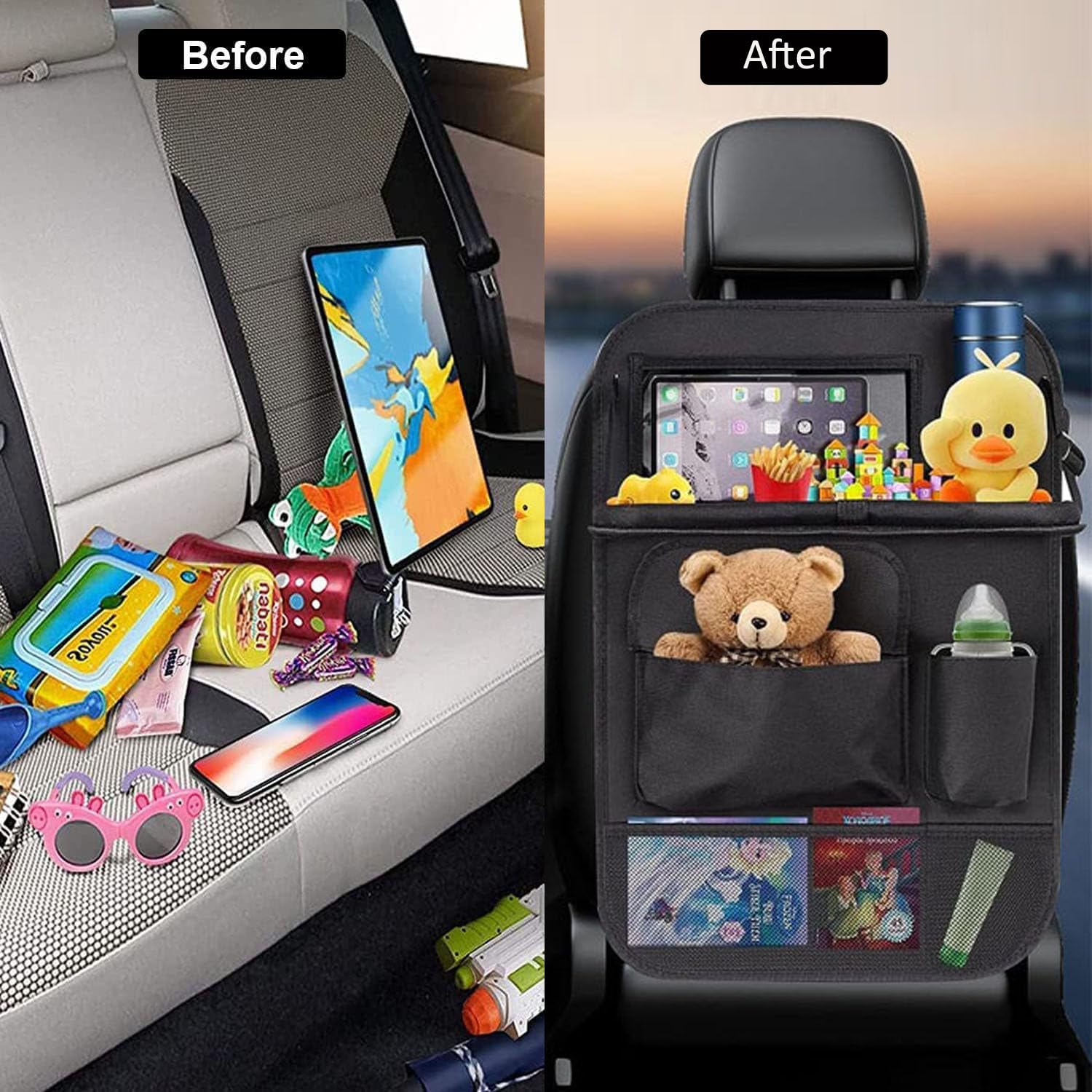 Confezione da 2 organizer per sedile posteriore dell'auto con vassoio pieghevole per alimenti, multi-tasca, multifunzionale, da appendere, con supporto per tablet, tappetini per bambini per