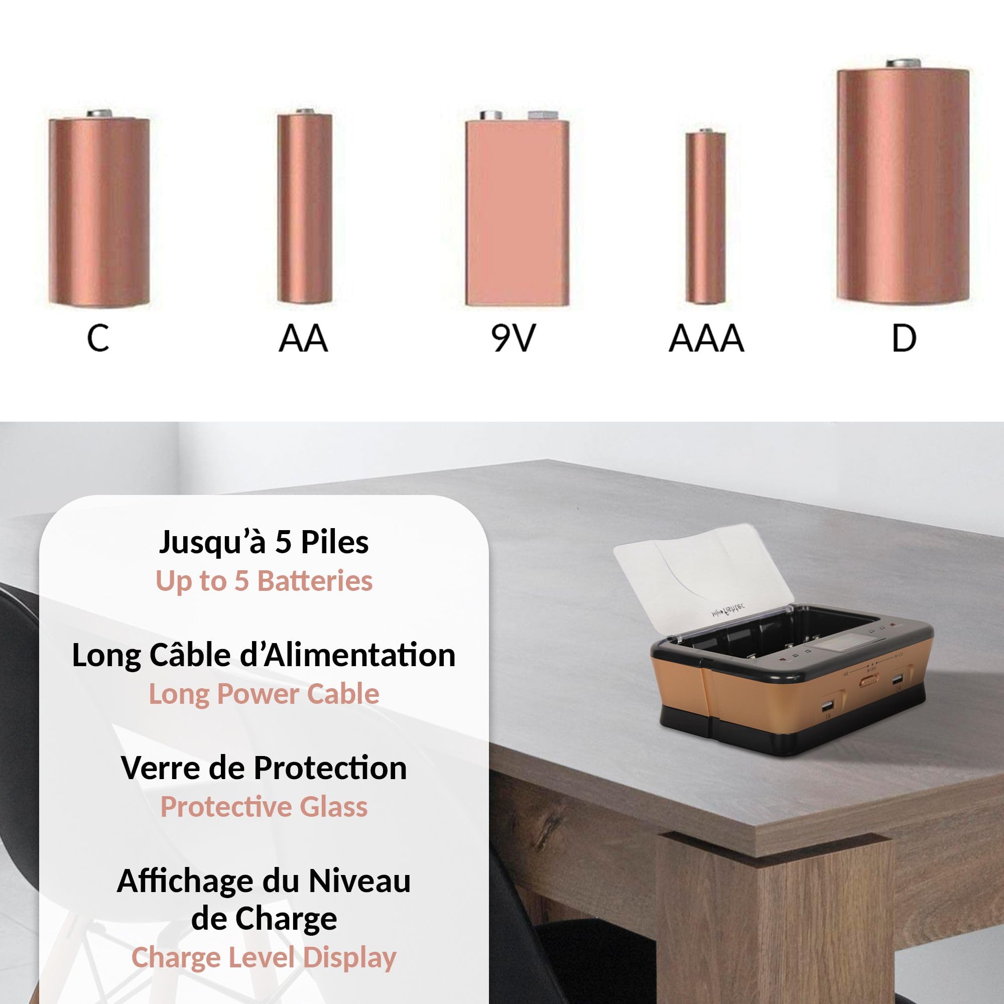FISHTEC - Chargeur Universel de Piles Rechargeables - LR3 LR6 LR14 LR20 9V Ni-MH Ni-CD alcalines - Ecran LCD voyants LED - 2 Ports USB pour Smartphones tablettes Maison Bureau économie de Piles